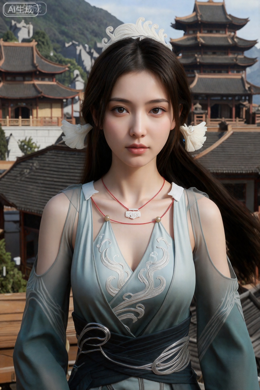一位年轻的亚洲女性的数码插图,皮肤白皙,长发为深棕色。她戴着华丽的白色头饰,带有羽毛般的延伸,穿着一件带有复杂图案和深V领口的暴露的蓝色连衣裙。这件连衣裙有透明的露肩袖。她站在浅水中,背景是中国传统建筑和树木。灯光柔和,衬托出她平静的表情。风格写实,带有轻微的动漫影响。