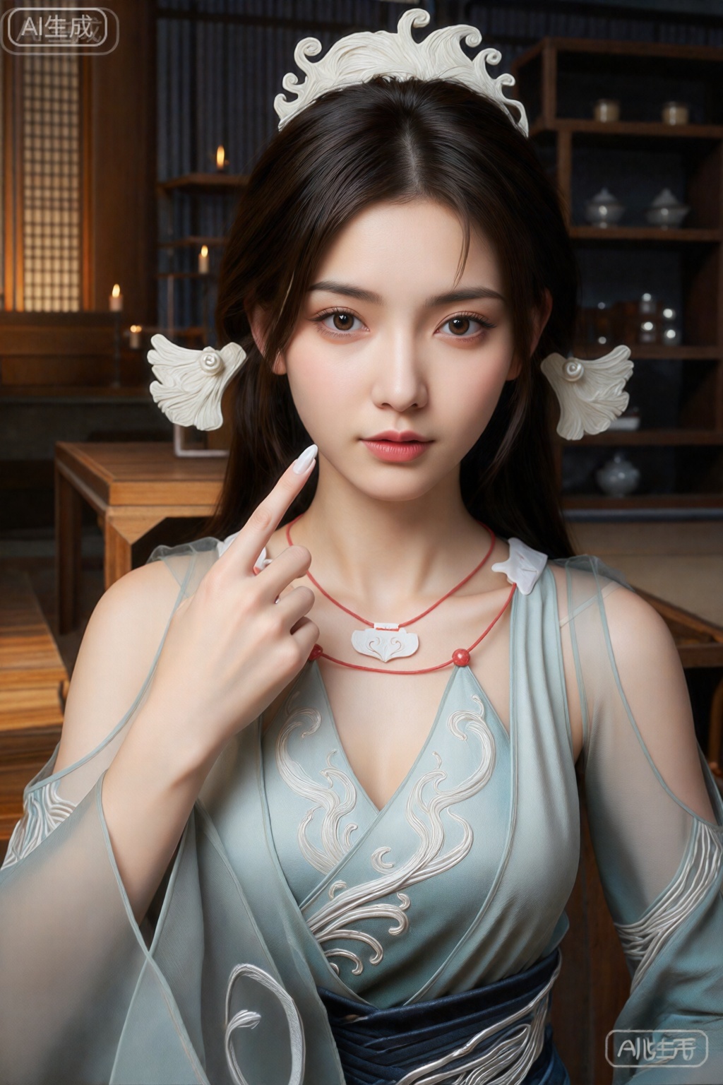这是一幅高品质、细致的数字绘画,描绘的是一位年轻的亚洲女性,她拥有白皙的皮肤和黑色的长直发。她身穿蓝白相间的中国传统服饰,图案复杂,头戴带有羽毛元素的白色华丽假发。她的表情很平静,带着温柔的微笑。她手里拿着一条红白相间的项链,脸附近有一个心形吊坠。背景是一间装饰典雅的房间,配有木制家具、带竹百叶窗的窗户以及柔和温暖的灯光。整体风格写实,带有轻微的动漫影响,捕捉复杂的细节和纹理。