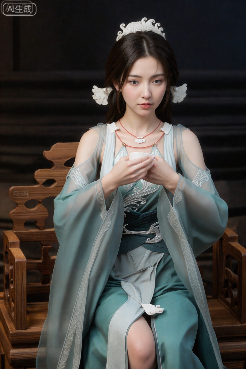 一位年轻的东亚女性,皮肤白皙,穿着青色和白色的中国传统丝绸长袍,优雅地坐在木椅上。她的深棕色头发上装饰着白色华丽的假发和两根白色的小羽毛。她表情平静,双手轻轻地抱在胸前。背景光线昏暗,有复杂的深色木雕和深色纹理的墙壁。图像具有柔和、空灵的品质,重点关注拍摄对象的优雅以及光与影的柔和相互作用。数字艺术,高品质,写实风格。