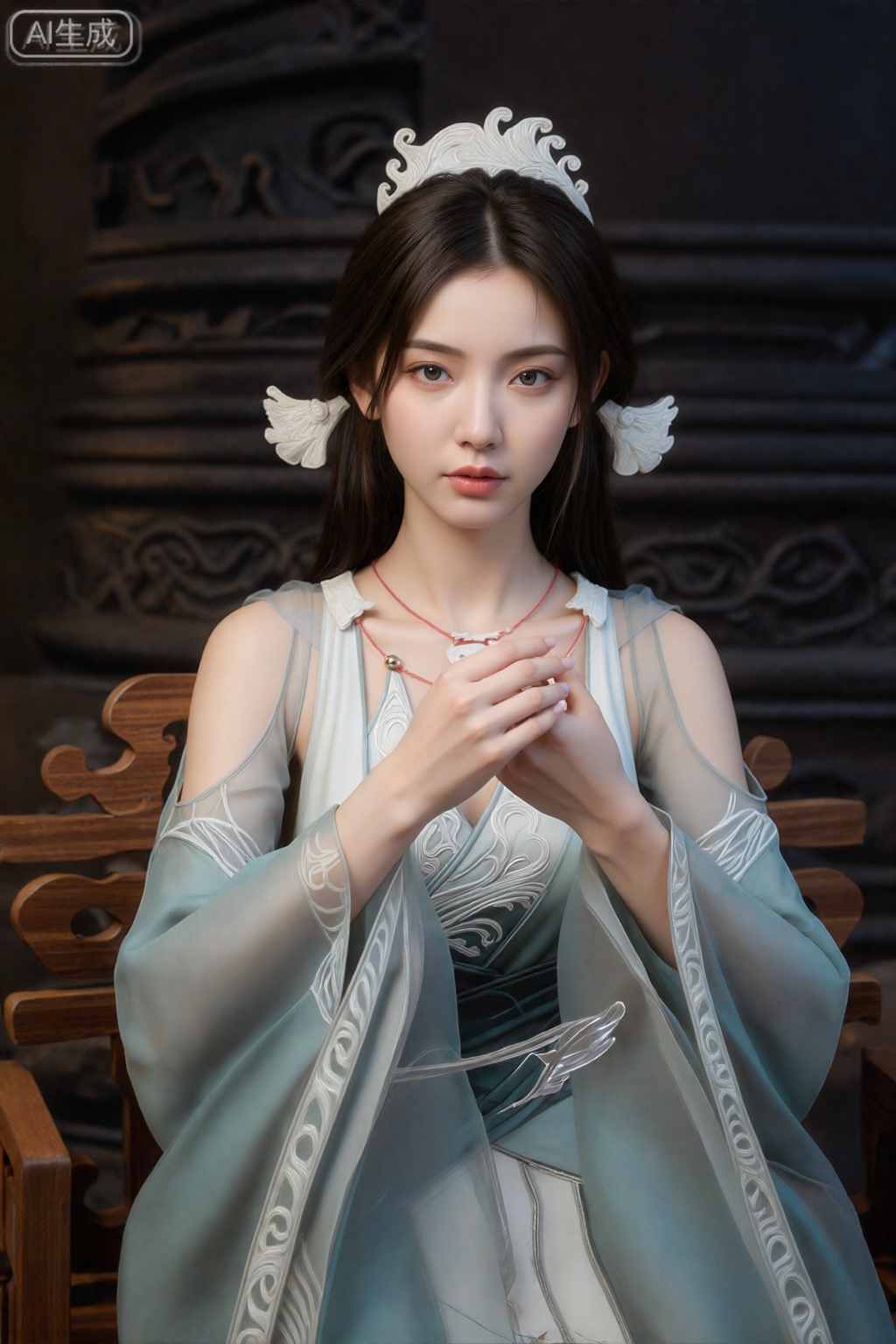 一位年轻的东亚女性,皮肤白皙,穿着青色和白色的中国传统丝绸长袍,优雅地坐在木椅上。她的深棕色头发上装饰着白色华丽的假发和两根白色的小羽毛。她表情平静,双手轻轻地抱在胸前。背景光线昏暗,有复杂的深色木雕和深色纹理的墙壁。图像具有柔和、空灵的品质,重点关注拍摄对象的优雅以及光与影的柔和相互作用。数字艺术,高品质,写实风格。