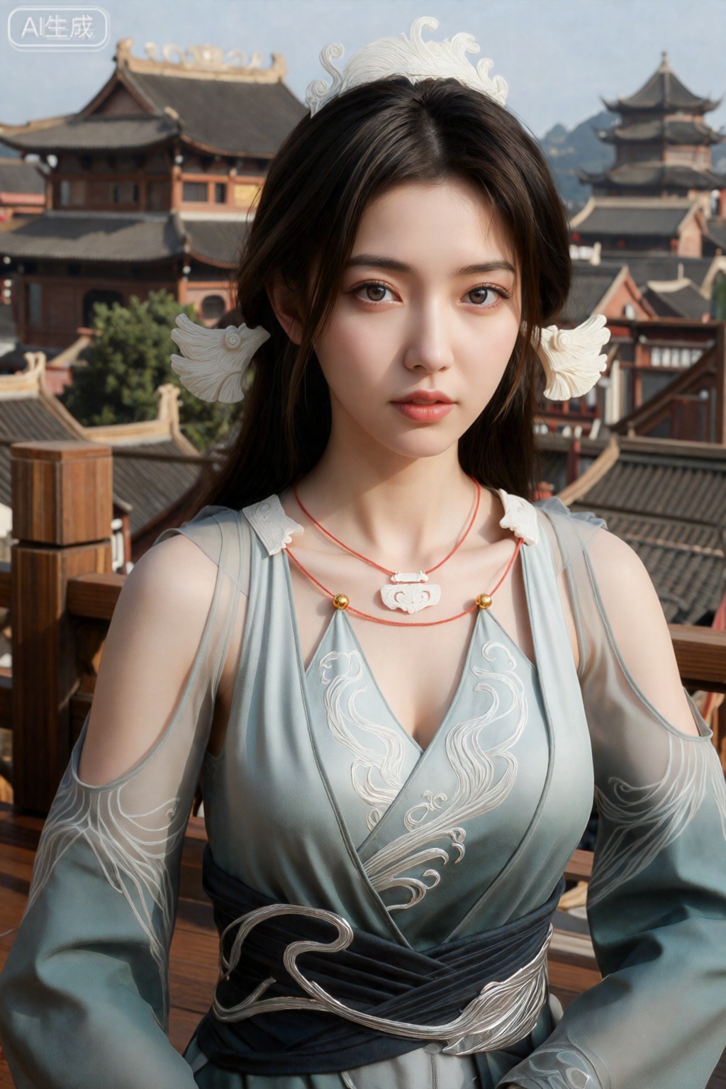 一位年轻的亚洲女性的数码插图,皮肤白皙,长发为深棕色。她戴着华丽的白色头饰,带有羽毛般的延伸,穿着一件带有复杂图案和深V领口的暴露的蓝色连衣裙。这件连衣裙有透明的露肩袖。她站在浅水中,背景是中国传统建筑和树木。灯光柔和,衬托出她平静的表情。风格写实,带有轻微的动漫影响。