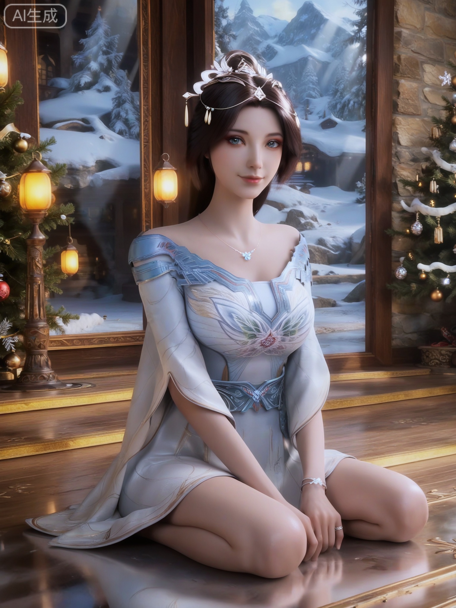 score_9,score_8_up,score_7_up,masterpiece,(best quality),(intricate details:0.9) BREAK (intricate details:0.9),(realistic skin:1.2),masterpiece,best quality,newest,absurdres,hiahres,1girl,jewelry,hair ornament,dress,necklace,lips,eyeshadow,bracelet,tassel,(8k ultra-clear, pony style),photo pose 0.6, micro-expression: soft smile 0.3, half-body + medium shot 0.7,1girl,looking_at_viewer,1boy,hair,realistic,photorealistic,Vivid Colors,bright environment,shiny skin,shiny hairjewelry,detail eyes,Eyes highlights,glowing,sunshine,bright,reflection,bright,sunshine on face,shiny,shinny,petite,thin,leg slimming,lose weight,slim hips,lakeside,delicate water,reflection,(full body:1.3)sitting_down,eyelashes,snow,Winter,Snowy landscape,Snow accumulation,Christmas tree,(huge breasts:1),black hair,