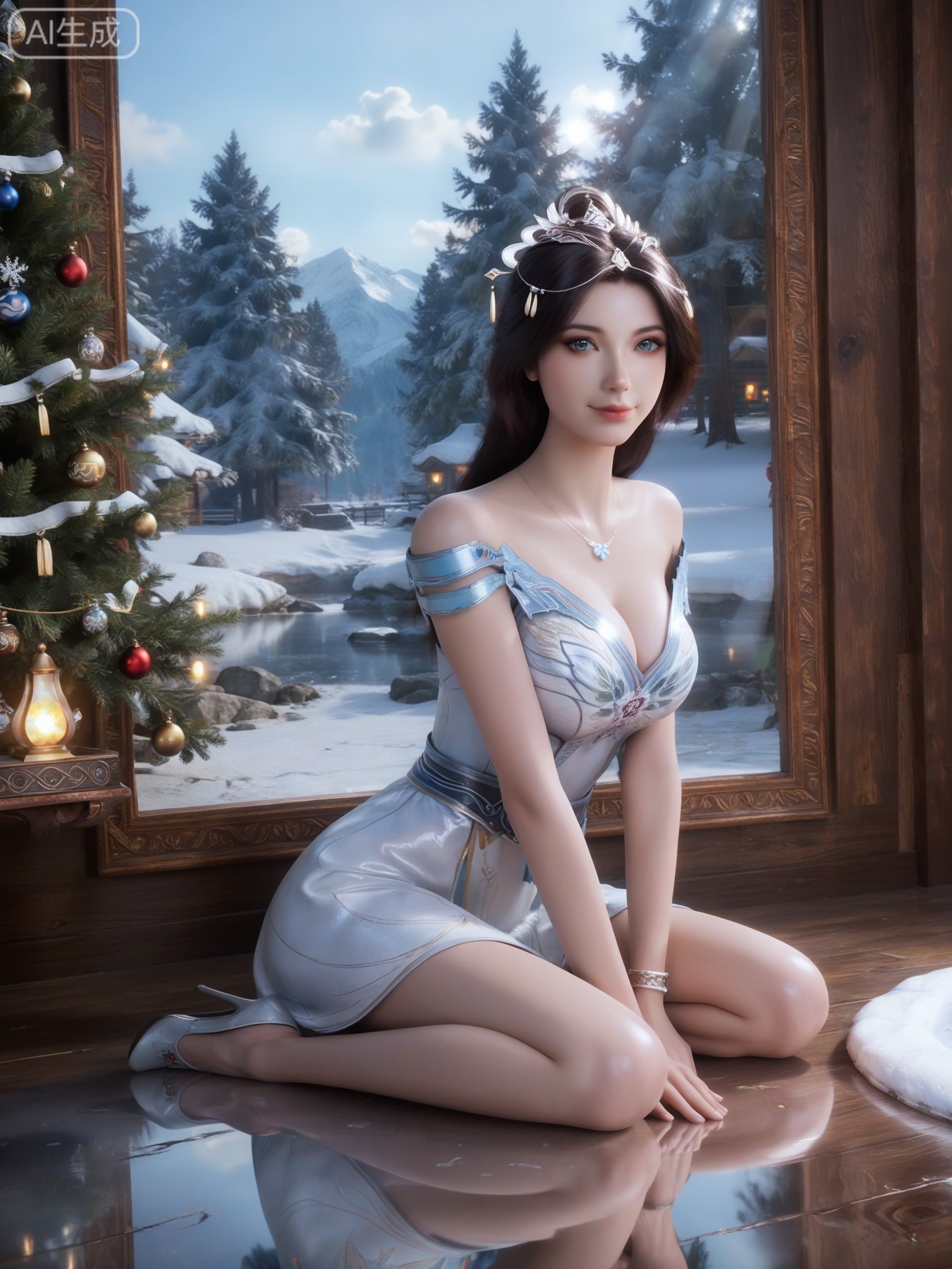 score_9,score_8_up,score_7_up,masterpiece,(best quality),(intricate details:0.9) BREAK (intricate details:0.9),(realistic skin:1.2),masterpiece,best quality,newest,absurdres,hiahres,1girl,jewelry,hair ornament,dress,necklace,lips,eyeshadow,bracelet,tassel,(8k ultra-clear, pony style),photo pose 0.6, micro-expression: soft smile 0.3, half-body + medium shot 0.7,1girl,looking_at_viewer,1boy,hair,realistic,photorealistic,Vivid Colors,bright environment,shiny skin,shiny hairjewelry,detail eyes,Eyes highlights,glowing,sunshine,bright,reflection,bright,sunshine on face,shiny,shinny,petite,thin,leg slimming,lose weight,slim hips,lakeside,delicate water,reflection,(full body:1.3)sitting_down,eyelashes,snow,Winter,Snowy landscape,Snow accumulation,Christmas tree,(huge breasts:1),black hair,