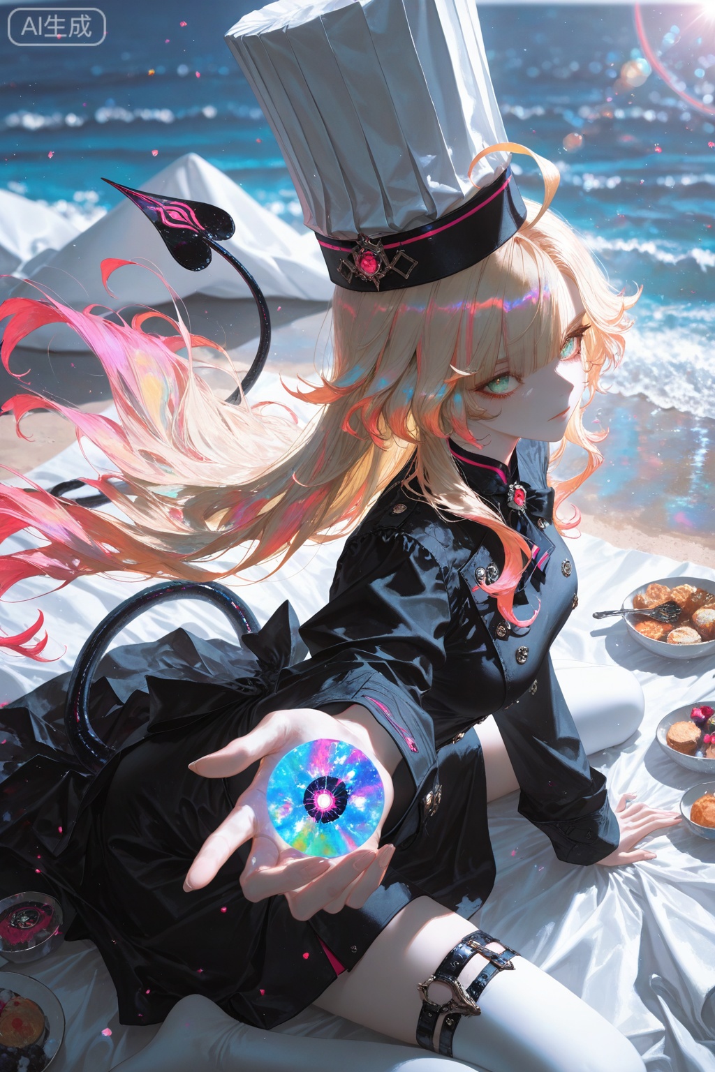 escoffier \(genshin impact\),blonde hair,ahoge,blue eyes,escoffier fake devil tail,long hair,thighhighs,1girl,escoffier chef's hat,clothes: escoffier def white and black dress,depth of field,light particles,lens flare,(artist:quasarcake:0.8),extreme aesthetic,(wlop:0.6),wanke,rella,wanke,masterpiece,best quality,good quality,newest,year 2024,year 2023,very aesthetic,absurdres,Visual impact,Electromotive force,perspective composition,A shot with tension,ultra-high resolution,32K UHD,sharp focus,best quality,masterpiece,Emotionalization masterpiece,unconventional supreme,masterful details,with a high end texture,in the style of fashion photography,(Visual impact:1.2),giving the poster a dynamic and visually striking appearance,impactful picture,offcial art,colorful,splash of color,movie perspective,masterpiece,best quality,amazing quality,very aesthetic,absurdres,best quality,newest,best quality,masterpiece,Emotionalizatior,masterpiece,unconventional,
supreme,masterful details,with a,high end texture,in the style of,fashion photography,(Visual clot.... impact:1.2),giving the poster a,dynamic and visually striking,appearance,impactful picture,offcial,art,colorful,splash of color,movie,perspective,masterpiece,best,quality,amazing quality,very,aesthetic,absurdres,best,quality,newest,best,quality,1girl,solo,green eyes,blonde,hair,long hair,in spring,over the,sea,cowboy_shot,looking_at_viewer,close-,up,solo_focus,face_focus,eyes_focus,from_above,dynamic_angle,kind_**,ile,wariza,picnic,blanket,food,available,