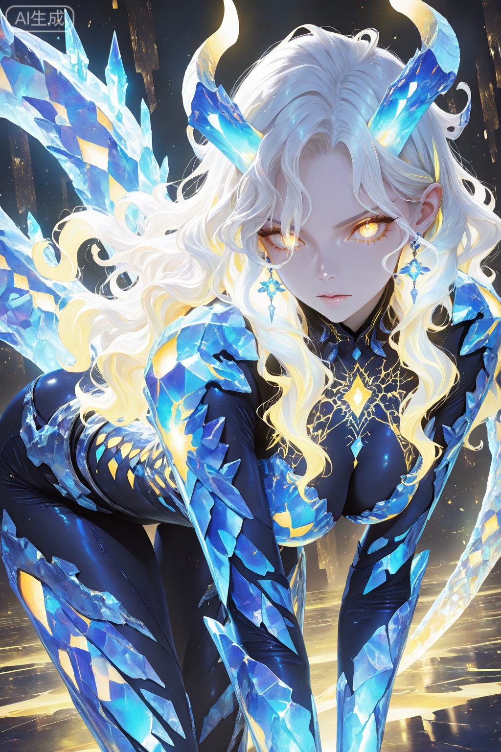 1girl,solo,short white wavy hair,(glowing yellow eyes:1.1),blue crystal armor,[embedded crystals],intricate crystal patterns,large curved horns,crystal earrings,crystal tail,intense gaze,looking at viewer,leaning forward pose,(volumetric lighting:1.1),(cinematic atmosphere:1.1),glowing highlights,abstract background, ,masterpiece,best quality,amazing quality,