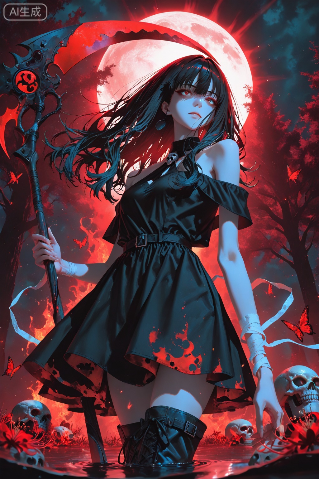 wide shot,,cinematic_lighting,sidelighting,depth_ofield,sparkle,colorful,perfect_contrast,high contrast, light particles,particles,perspective,seductive eyes,detailed background,soft_focus,natural light,fashion photography style,dramatic shadows,wind,volumetric lighting,rim lighting,1girl, black hair, solo, thighhighs, bare shoulder,black dress, boots, off shoulder, weapon, {{ membrane (anatomy), blood}}, holding scythe, black scythe, blood scythe, black fire, torn clothes, beautiful tree, red flower, red magic lily, animal, trunk texture, death symbolism, life symbolism, skull, corpse, blood, no humans, moss, light and shadow contrast, from below, butterfly, black thick water,dutch_angle,,bandages,lycoris,red theme,fire,bloody stream,moon ,light,shadow,lens_flare,cowboy_shot ,(artist:quasarcake:0.6),extreme aesthetic,masterpiece,best quality,backlight,high quality,(Tyndall Effect 1.4),extremely detailed,High Detail,vibrant colors,anime style,cover art,(wanke:0.8),(watercolor \(tira 7:0.8),(lam (ramdayo):0.8),(mochizuki kei:0.8),extreme aesthetic,masterpiece,best quality,good quality,newest,very aesthetic,absurdres,Visual impact,32K UHD,colorful,sharp focus ,