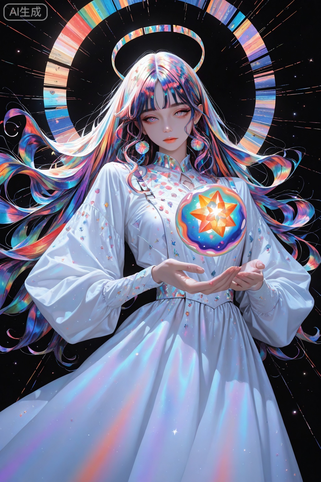 1girl, long hair, solo, dress, halo, jewelry, long sleeves, bangs, white dress, long dress, holding, closed mouth, The image features a surreal and whimsical illustration. The character is depicted with intricate details and vibrant colors. The background is a dark space filled with stars and swirling patterns. The art style is dreamlike and abstract, evoking a sense of wonder and fantasy. The overall emotional inclination leans towards a sense of exploration and discovery. //Digital art,illustration,masterpiece,best quality,Delicate eyes,delicate face,black background,masterpiece,best quality,newest,year 2024,year 2023,luxurious and gorgeous,line art,comic style,lineart,sketch,(colorful lines:1.5).,art_shuimo style,asian inspire