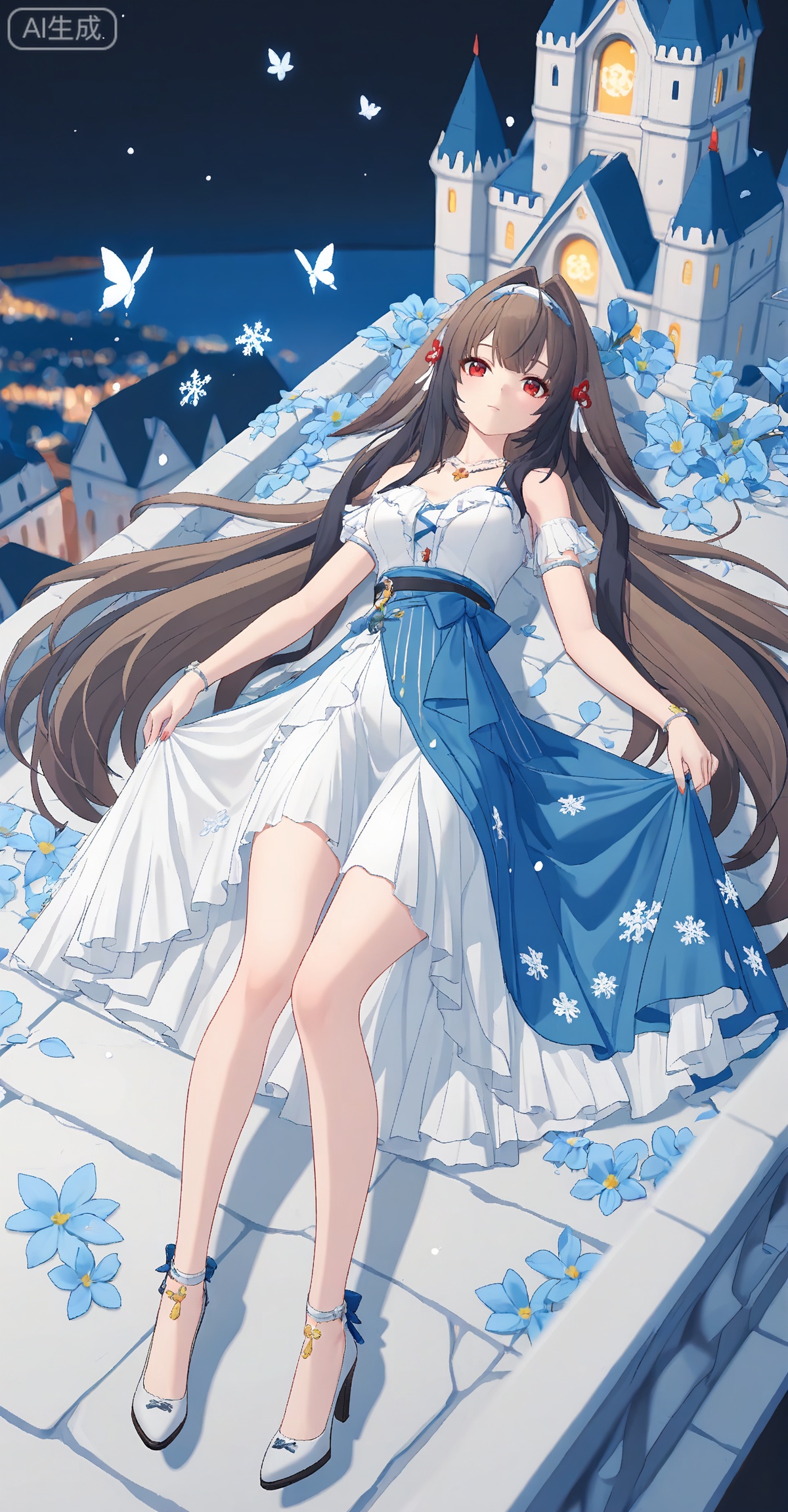 ,yeshunguang,long hair,brown hair,very long hair,black hair,red eyes,hairband,hair intakes, 
lvjing,1girl,dress,long hair,solo,skirt hold,hair ornament,jewelry,white hair,white dress,blue dress,necklace,full body,night,castle,butterfly,snowflakes,bug,flower,56, lvjing,lying,on back,high_heels,

depth of field,masterpiece,best quality,very aesthetic,alternate costume,2024,2023,perfect composition,ultra-detailed,extreme aesthetic,masterpiece,best quality,good quality,newest,year 2024,year 2023,very aesthetic,absurdres,looking_at_viewer,colorful,wind,white_background,simple background,