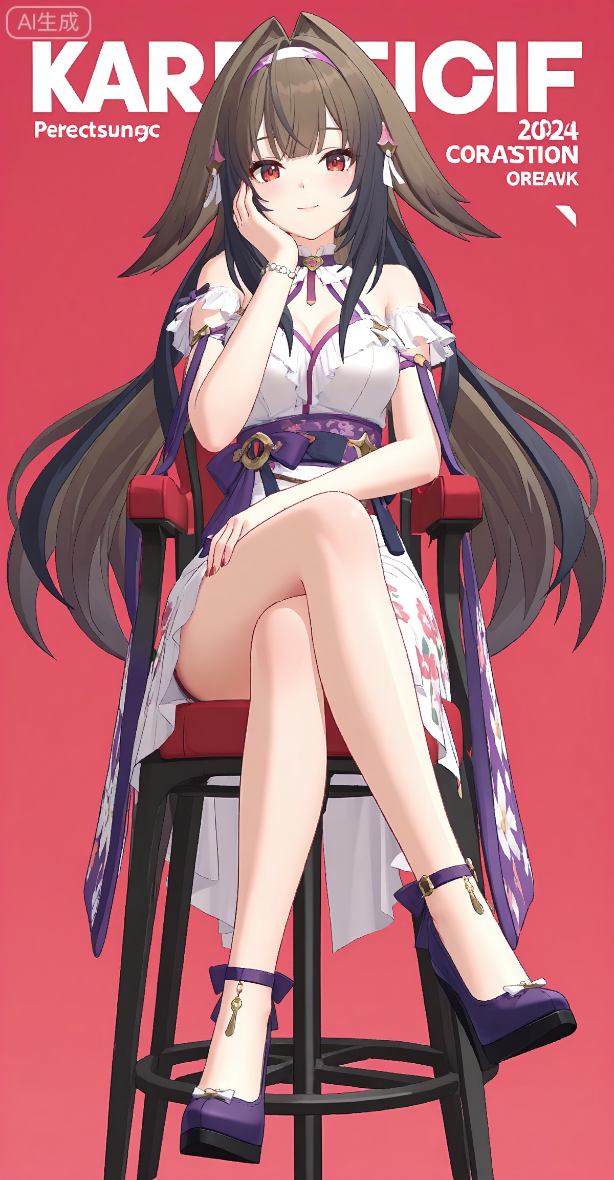 ,yeshunguang,long hair,brown hair,very long hair,black hair,red eyes,hairband,hair intakes, 
1girl,solo,high heels,sitting,kimono,japanese clothes,crossed legs,sash,purple sash,full body,smile,looking at viewer,hand on own face,floral print,obi,stool,head rest,copyright name,simple background,character name,legs,purple footwear,cover,jewelry,floating hair,
depth of field,masterpiece,best quality,very aesthetic,alternate costume,2024,2023,perfect composition,ultra-detailed,extreme aesthetic,masterpiece,best quality,good quality,newest,year 2024,year 2023,very aesthetic,absurdres,looking_at_viewer,colorful,wind,white_background,simple background,cover,english text,