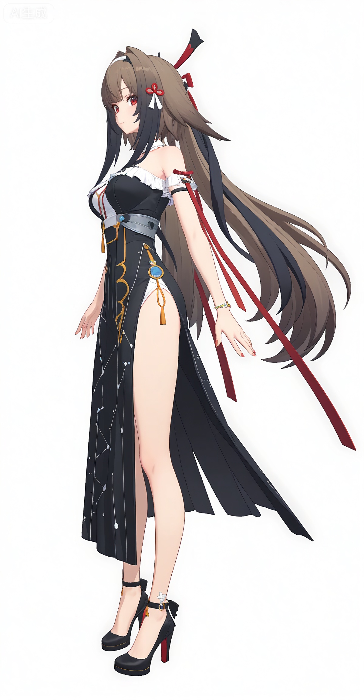 ,yeshunguang,long hair,brown hair,very long hair,black hair,red eyes,hairband,hair intakes, 
 lvjing,1girl,long hair,solo,white hair,dress,very long hair,wavy hair,hair ornament,full body,jewelry,black dress,bare shoulders,star \(sky\),standing,constellation,side slit,high heels,40

depth of field,masterpiece,best quality,very aesthetic,alternate costume,2024,2023,perfect composition,ultra-detailed,extreme aesthetic,masterpiece,best quality,good quality,newest,year 2024,year 2023,very aesthetic,absurdres,looking_at_viewer,colorful,wind,white_background,simple background,