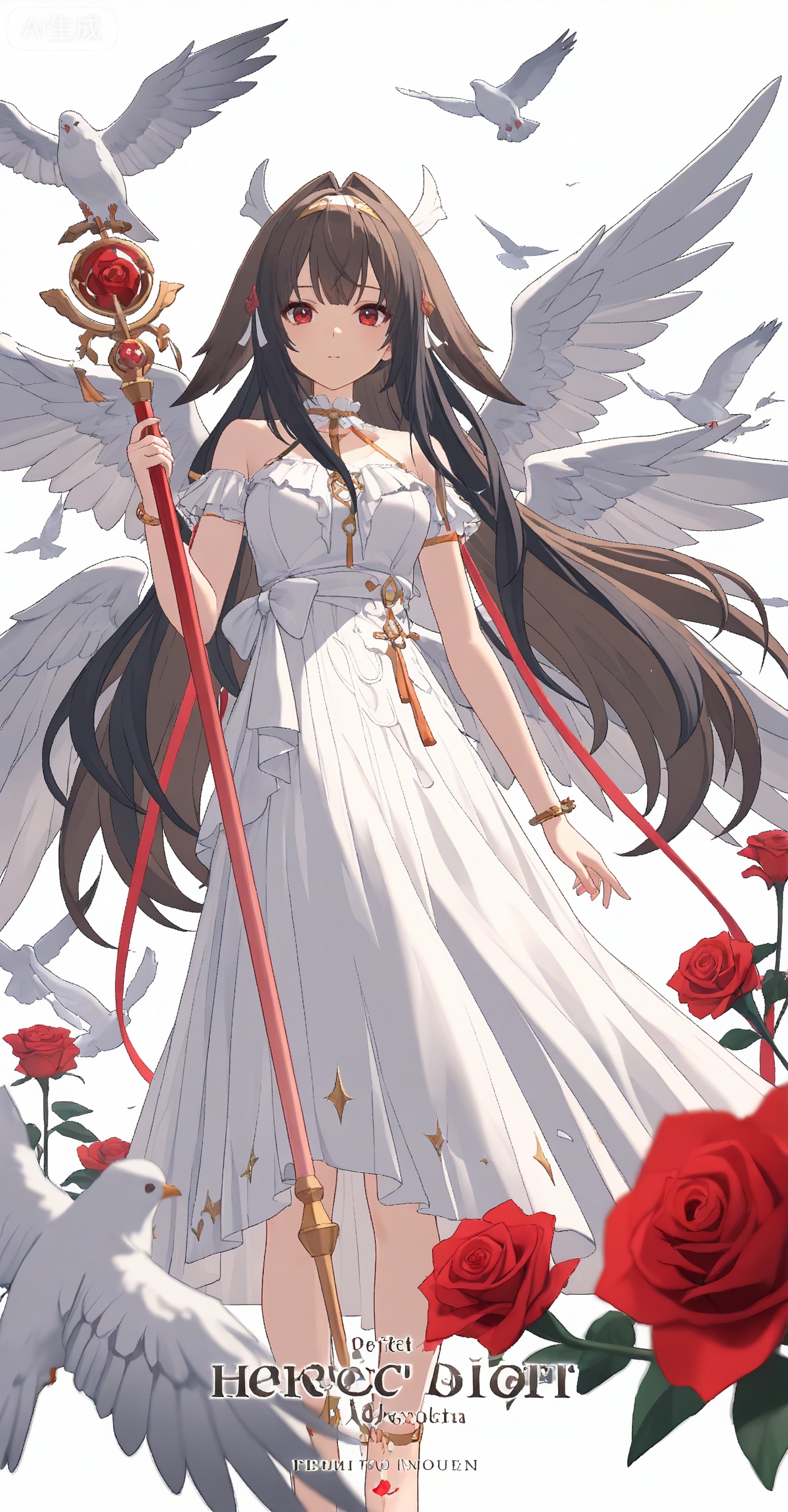 ,yeshunguang,long hair,brown hair,very long hair,black hair,red eyes,hairband,hair intakes, 
1girl,wings,solo,bird,flower,long hair,dress,dove,angel wings,feathered wings,very long hair,holding,white wings,white dress,rose,staff,multiple wings,animal,4,

depth of field,masterpiece,best quality,very aesthetic,alternate costume,2024,2023,perfect composition,ultra-detailed,extreme aesthetic,masterpiece,best quality,good quality,newest,year 2024,year 2023,very aesthetic,absurdres,looking_at_viewer,colorful,wind,white_background,simple background,cover,english text,