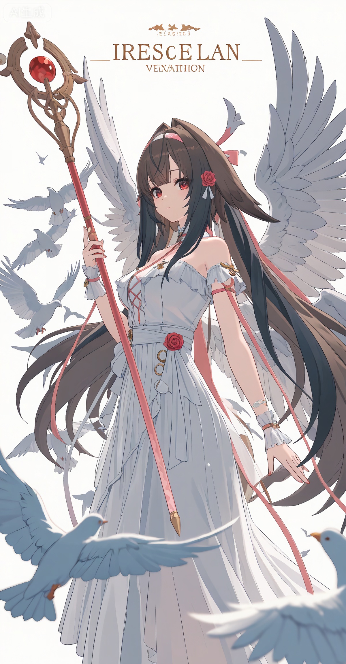 ,yeshunguang,long hair,brown hair,very long hair,black hair,red eyes,hairband,hair intakes, 
1girl,wings,solo,bird,flower,long hair,dress,dove,angel wings,feathered wings,very long hair,holding,white wings,white dress,rose,staff,multiple wings,animal,4,

depth of field,masterpiece,best quality,very aesthetic,alternate costume,2024,2023,perfect composition,ultra-detailed,extreme aesthetic,masterpiece,best quality,good quality,newest,year 2024,year 2023,very aesthetic,absurdres,looking_at_viewer,colorful,wind,white_background,simple background,cover,english text,