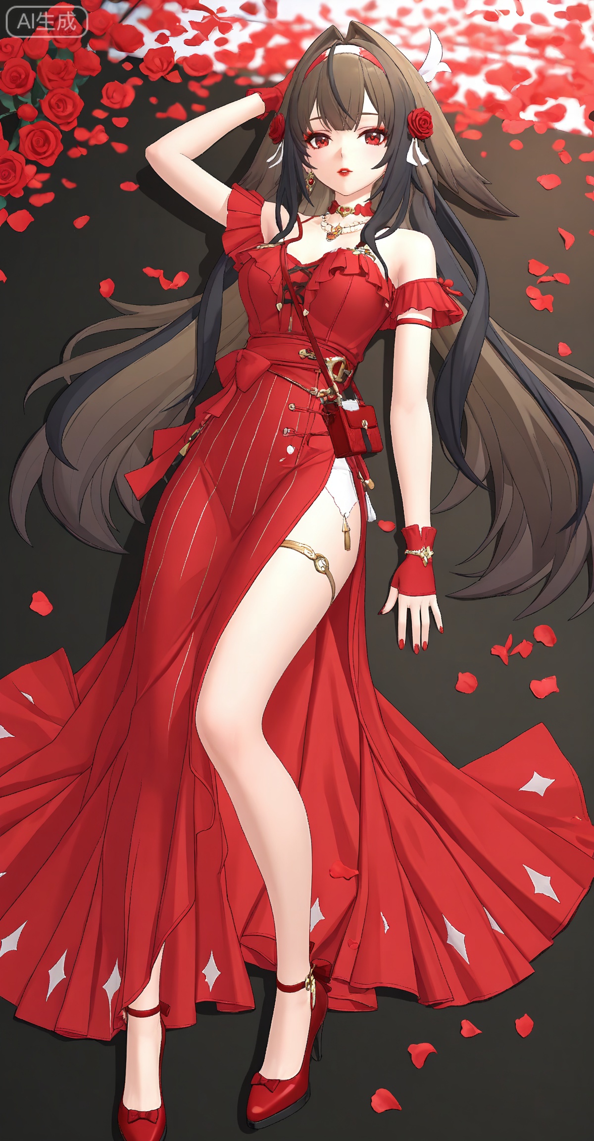 ,yeshunguang,long hair,brown hair,very long hair,black hair,red eyes,hairband,hair intakes, 
lvjing,red dress,flower,dress,long hair,1girl,solo,red flower,jewelry,hair ornament,red gloves,red footwear,hair flower,gloves,rose,high heels,full body,looking at viewer,earrings,red rose,wavy hair,sparkle,petals,stage,red lips,necklace,side slit,long dress,makeup,red nails,45, ,lvjing,lying,on back,high_heels,

depth of field,masterpiece,best quality,very aesthetic,alternate costume,2024,2023,perfect composition,ultra-detailed,extreme aesthetic,masterpiece,best quality,good quality,newest,year 2024,year 2023,very aesthetic,absurdres,looking_at_viewer,colorful,wind,white_background,simple background,