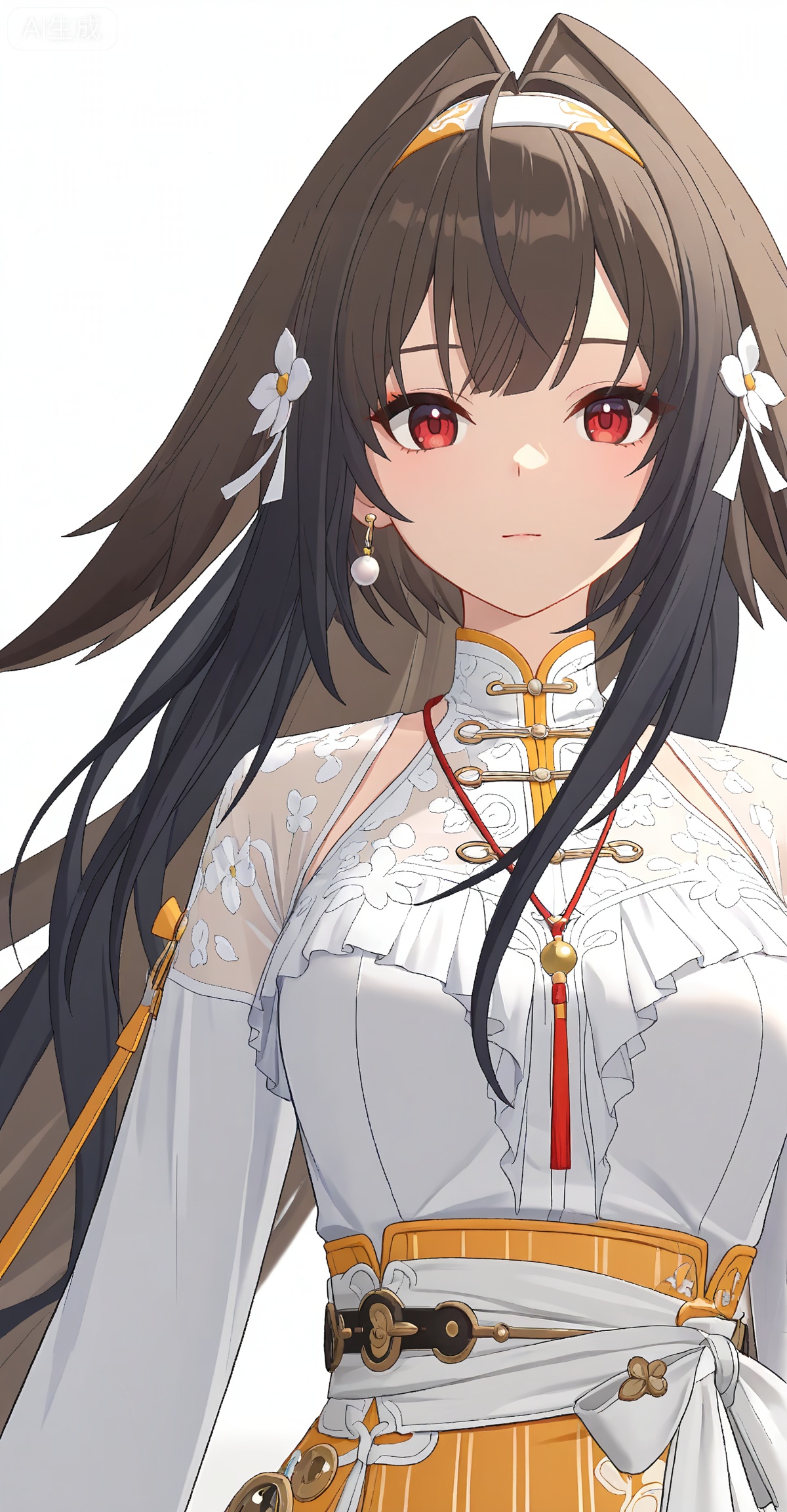 ,yeshunguang,long hair,brown hair,very long hair,black hair,red eyes,hairband,hair intakes, 
1girl,solo,
flower,jewelry,earrings,white flower,looking at viewer,lily \(flower\),shirt,upper body,chinese clothes,white shirt,necklace,fur trim,closed mouth,long sleeves,jacket,

depth of field,masterpiece,best quality,very aesthetic,alternate costume,2024,2023,perfect composition,ultra-detailed,extreme aesthetic,masterpiece,best quality,good quality,newest,year 2024,year 2023,very aesthetic,absurdres,looking_at_viewer,colorful,wind,white_background,simple background,