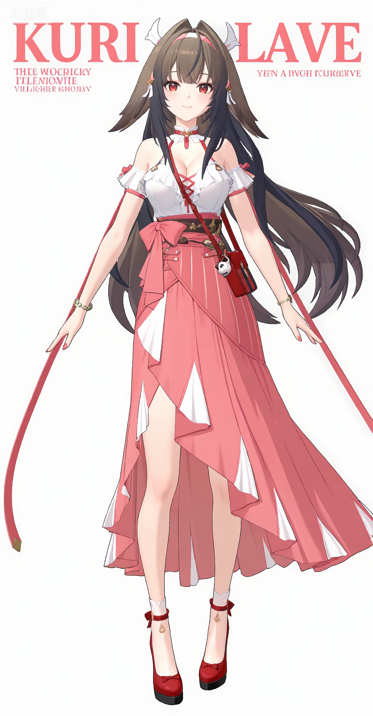 ,yeshunguang,1girl,solo,long hair,red eyes,full body,pink skirt,skirt,breasts,looking at viewer,brown hair,red footwear,shirt,white shirt,cleavage,very long hair,medium breasts,jewelry,simple background,bare shoulders,smile,hair intakes,closed mouth,black hair,bracelet,depth of field,masterpiece,best quality,very aesthetic,alternate costume,2024,2023,perfect composition,ultra-detailed,extreme aesthetic,masterpiece,best quality,good quality,newest,year 2024,year 2023,very aesthetic,absurdres,looking_at_viewer,colorful,wind,white_background,simple background,cover,english text,standing,