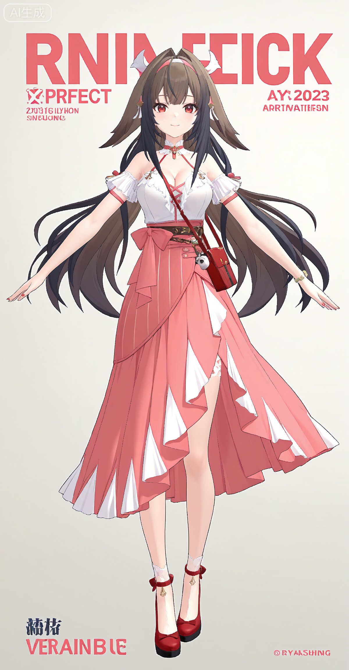 <lora:叶瞬光-000013:0.7>,yeshunguang,1girl,solo,long hair,red eyes,full body,pink skirt,skirt,breasts,looking at viewer,brown hair,red footwear,shirt,white shirt,cleavage,very long hair,medium breasts,jewelry,simple background,bare shoulders,smile,hair intakes,closed mouth,black hair,bracelet,depth of field,masterpiece,best quality,very aesthetic,alternate costume,2024,2023,perfect composition,ultra-detailed,extreme aesthetic,masterpiece,best quality,good quality,newest,year 2024,year 2023,very aesthetic,absurdres,looking_at_viewer,colorful,wind,white_background,simple background,cover,english text,standing,