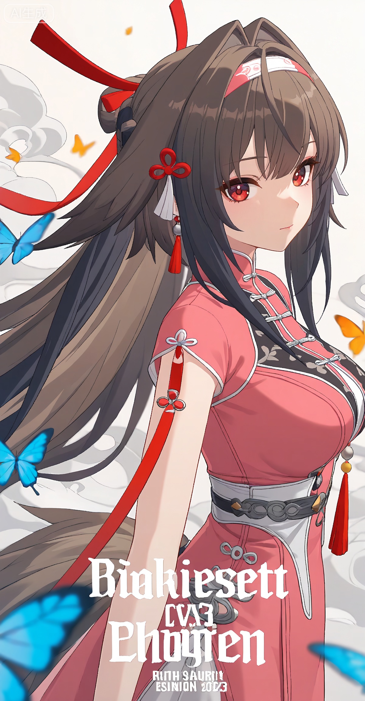 ,yeshunguang,long hair,brown hair,very long hair,black hair,red eyes,hairband,hair intakes, 
1girl,solo,dress,pink dress,upper body,braid,jewelry,earrings,chinese clothes,hair ornament,bug,smoke,butterfly,closed mouth,hair rings,looking at viewer,tassel earrings,

depth of field,masterpiece,best quality,very aesthetic,alternate costume,2024,2023,perfect composition,ultra-detailed,extreme aesthetic,masterpiece,best quality,good quality,newest,year 2024,year 2023,very aesthetic,absurdres,looking_at_viewer,colorful,wind,white_background,simple background,cover,english text,
