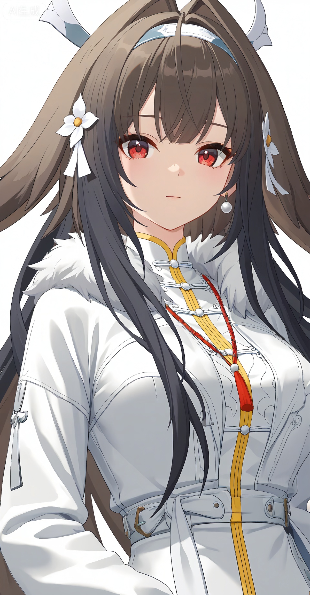 ,yeshunguang,long hair,brown hair,very long hair,black hair,red eyes,hairband,hair intakes, 
1girl,solo,
flower,jewelry,earrings,white flower,looking at viewer,lily \(flower\),shirt,upper body,chinese clothes,white shirt,necklace,fur trim,closed mouth,long sleeves,jacket,

depth of field,masterpiece,best quality,very aesthetic,alternate costume,2024,2023,perfect composition,ultra-detailed,extreme aesthetic,masterpiece,best quality,good quality,newest,year 2024,year 2023,very aesthetic,absurdres,looking_at_viewer,colorful,wind,white_background,simple background,