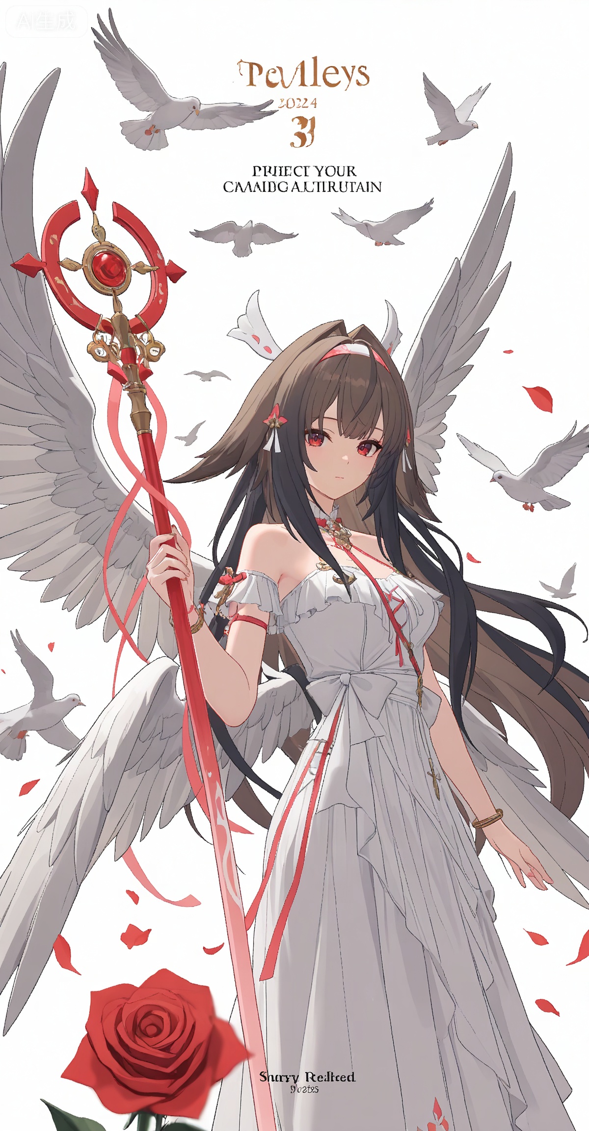 ,yeshunguang,long hair,brown hair,very long hair,black hair,red eyes,hairband,hair intakes, 
1girl,wings,solo,bird,flower,long hair,dress,dove,angel wings,feathered wings,very long hair,holding,white wings,white dress,rose,staff,multiple wings,animal,4,

depth of field,masterpiece,best quality,very aesthetic,alternate costume,2024,2023,perfect composition,ultra-detailed,extreme aesthetic,masterpiece,best quality,good quality,newest,year 2024,year 2023,very aesthetic,absurdres,looking_at_viewer,colorful,wind,white_background,simple background,cover,english text,