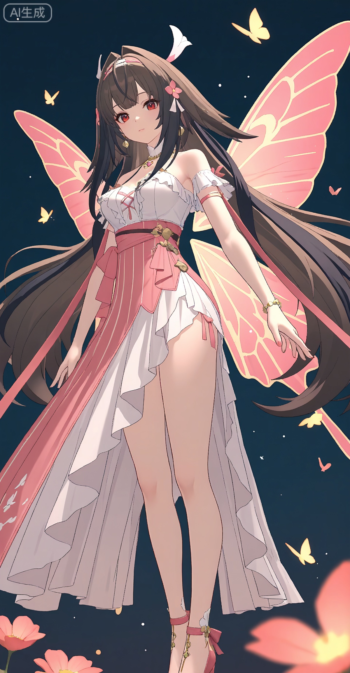 ,yeshunguang,long hair,brown hair,very long hair,black hair,red eyes,hairband,hair intakes, 
 lvjing,1girl,dress,hair ornament,butterfly,jewelry,bug,solo,wings,insect wings,earrings,flower,tiara,necklace,night,butterfly wings,sparkle,outstretched hand,bare shoulders,30,legs,long legs,high_heels,white dress,gold dress,pink dress,

depth of field,masterpiece,best quality,very aesthetic,alternate costume,2024,2023,perfect composition,ultra-detailed,extreme aesthetic,masterpiece,best quality,good quality,newest,year 2024,year 2023,very aesthetic,absurdres,looking_at_viewer,colorful,wind,white_background,simple background,