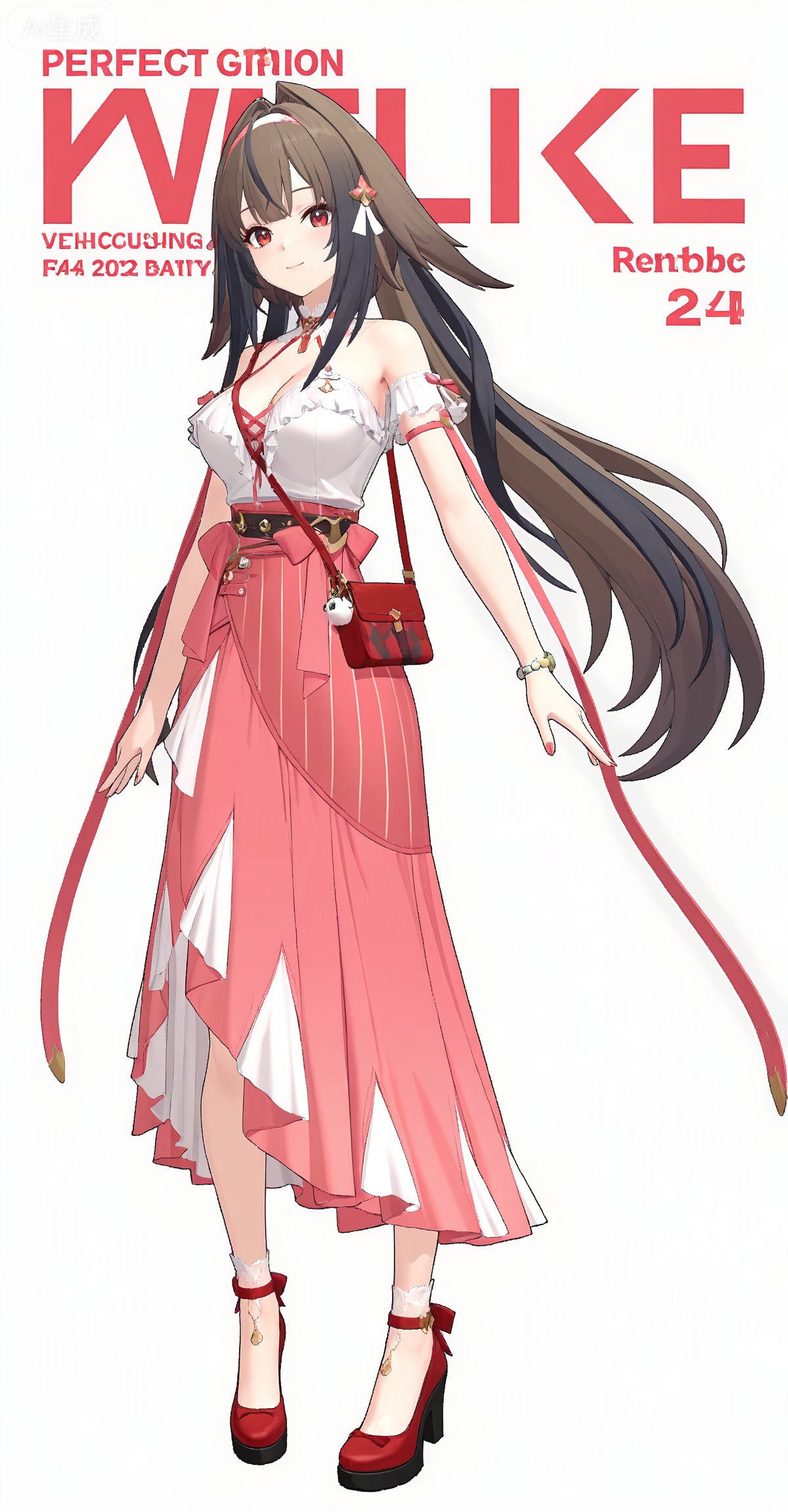 ,yeshunguang,1girl,solo,long hair,red eyes,full body,pink skirt,skirt,breasts,looking at viewer,brown hair,red footwear,shirt,white shirt,cleavage,very long hair,medium breasts,jewelry,simple background,bare shoulders,smile,hair intakes,closed mouth,black hair,bracelet,depth of field,masterpiece,best quality,very aesthetic,alternate costume,2024,2023,perfect composition,ultra-detailed,extreme aesthetic,masterpiece,best quality,good quality,newest,year 2024,year 2023,very aesthetic,absurdres,looking_at_viewer,colorful,wind,white_background,simple background,cover,english text,standing,