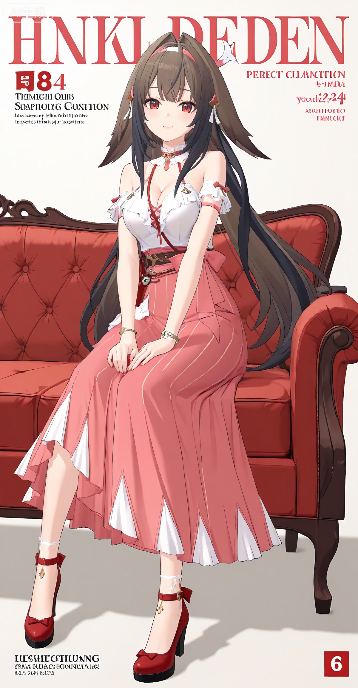 ,yeshunguang,1girl,solo,long hair,red eyes,full body,pink skirt,skirt,breasts,looking at viewer,brown hair,red footwear,shirt,white shirt,cleavage,very long hair,medium breasts,jewelry,simple background,bare shoulders,smile,hair intakes,closed mouth,black hair,bracelet,
depth of field,masterpiece,best quality,very aesthetic,alternate costume,2024,2023,perfect composition,ultra-detailed,extreme aesthetic,masterpiece,best quality,good quality,newest,year 2024,year 2023,very aesthetic,absurdres,looking_at_viewer,colorful,
wind,white_background,simple background,cover,english text,sitting,couch