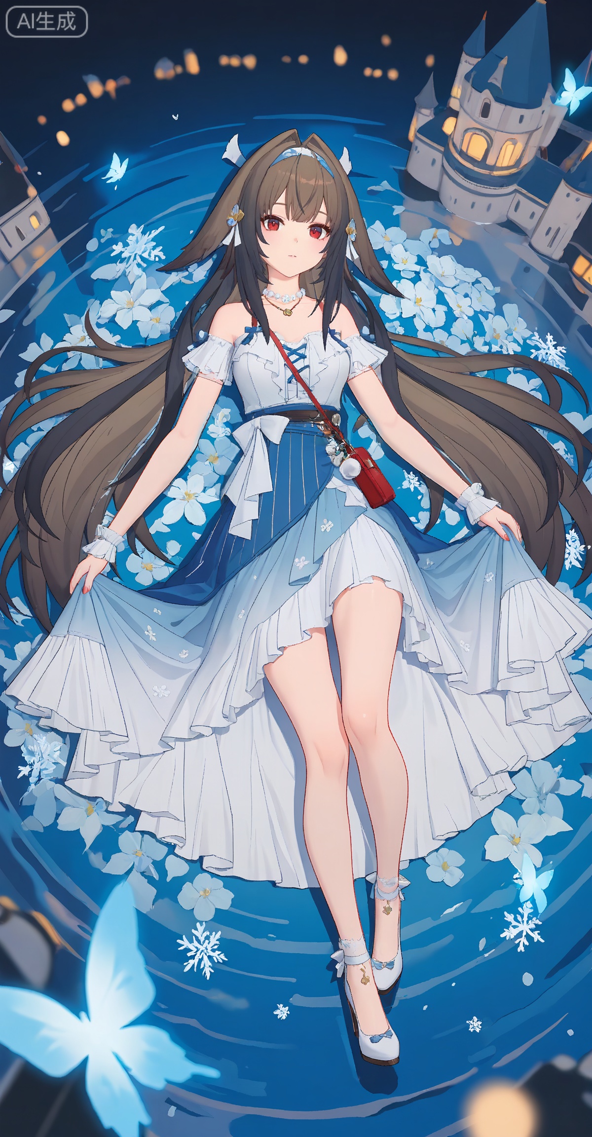 ,yeshunguang,long hair,brown hair,very long hair,black hair,red eyes,hairband,hair intakes, 
lvjing,1girl,dress,long hair,solo,skirt hold,hair ornament,jewelry,white hair,white dress,blue dress,necklace,full body,night,castle,butterfly,snowflakes,bug,flower,56, lvjing,lying,on back,high_heels,

depth of field,masterpiece,best quality,very aesthetic,alternate costume,2024,2023,perfect composition,ultra-detailed,extreme aesthetic,masterpiece,best quality,good quality,newest,year 2024,year 2023,very aesthetic,absurdres,looking_at_viewer,colorful,wind,white_background,simple background,