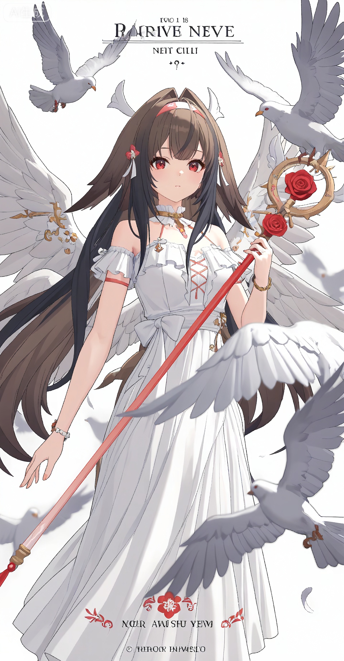 ,yeshunguang,long hair,brown hair,very long hair,black hair,red eyes,hairband,hair intakes, 
1girl,wings,solo,bird,flower,long hair,dress,dove,angel wings,feathered wings,very long hair,holding,white wings,white dress,rose,staff,multiple wings,animal,4,

depth of field,masterpiece,best quality,very aesthetic,alternate costume,2024,2023,perfect composition,ultra-detailed,extreme aesthetic,masterpiece,best quality,good quality,newest,year 2024,year 2023,very aesthetic,absurdres,looking_at_viewer,colorful,wind,white_background,simple background,cover,english text,