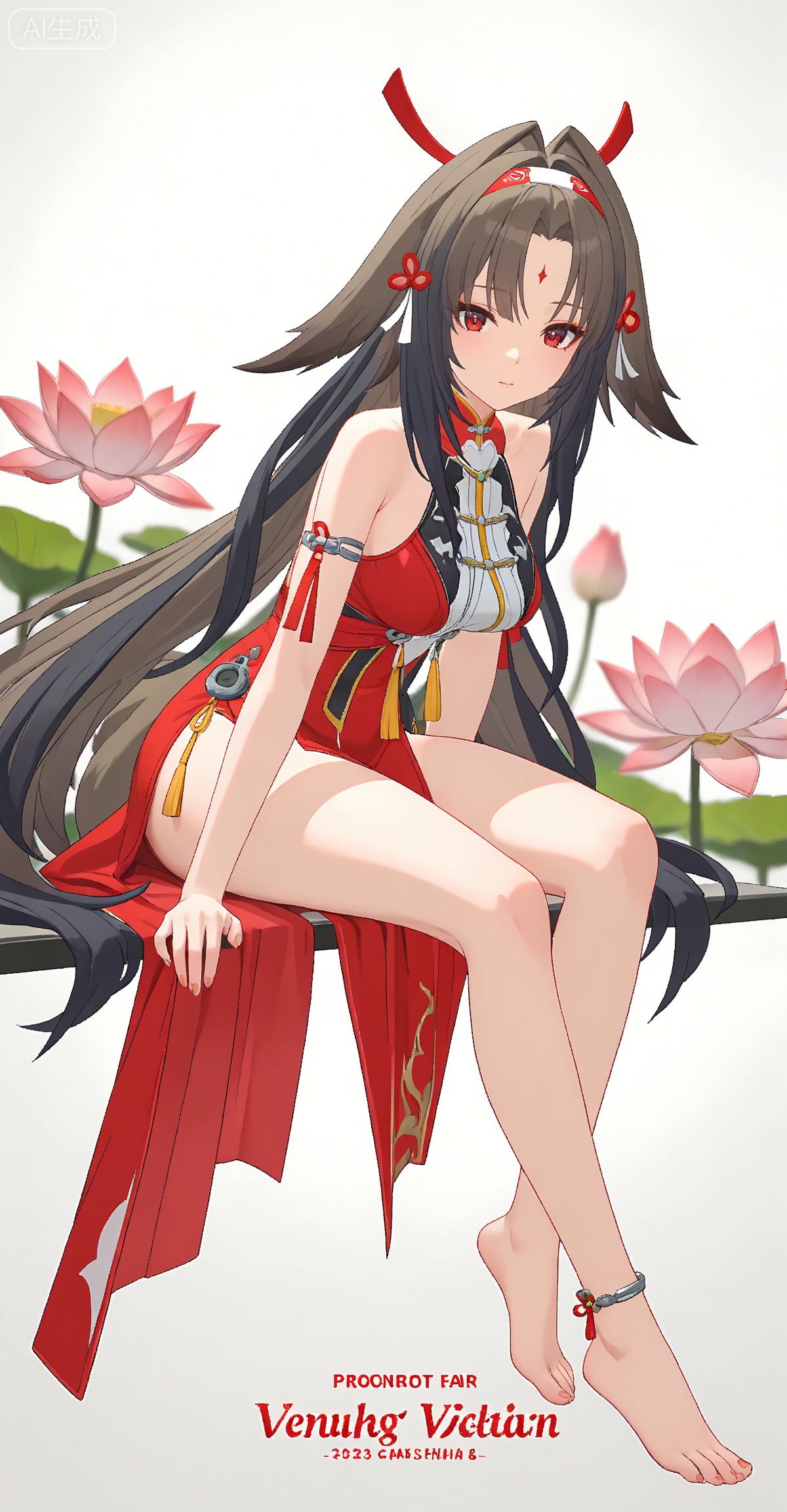 ,yeshunguang,long hair,brown hair,very long hair,black hair,red eyes,hairband,hair intakes, 
1girl,dress,long hair,red dress,barefoot,hair ornament,flower,white hair,jewelry,forehead mark,full body,anklet,facial mark,bare legs,sitting,necklace,solo,lotus,bare shoulders,3,

depth of field,masterpiece,best quality,very aesthetic,alternate costume,2024,2023,perfect composition,ultra-detailed,extreme aesthetic,masterpiece,best quality,good quality,newest,year 2024,year 2023,very aesthetic,absurdres,looking_at_viewer,colorful,wind,white_background,simple background,cover,english text,