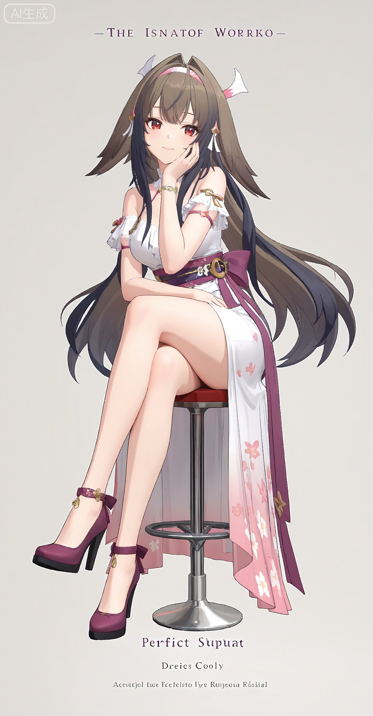 ,yeshunguang,long hair,brown hair,very long hair,black hair,red eyes,hairband,hair intakes, 
1girl,solo,high heels,sitting,kimono,japanese clothes,crossed legs,sash,purple sash,full body,smile,looking at viewer,hand on own face,floral print,obi,stool,head rest,copyright name,simple background,character name,legs,purple footwear,cover,jewelry,floating hair,
depth of field,masterpiece,best quality,very aesthetic,alternate costume,2024,2023,perfect composition,ultra-detailed,extreme aesthetic,masterpiece,best quality,good quality,newest,year 2024,year 2023,very aesthetic,absurdres,looking_at_viewer,colorful,wind,white_background,simple background,cover,english text,
