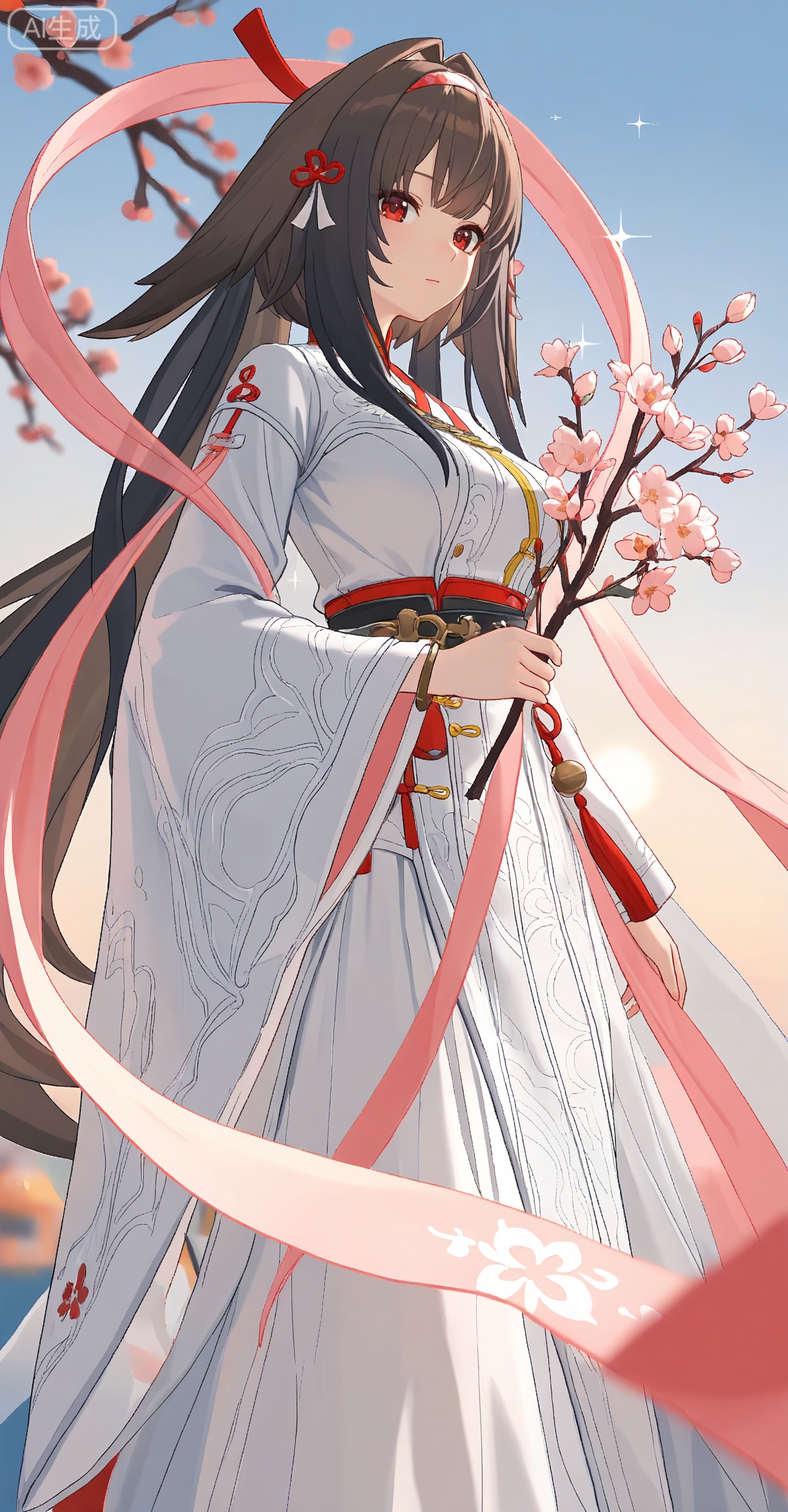 ,yeshunguang,long hair,brown hair,very long hair,black hair,red eyes,hairband,hair intakes, 
lvjing,1girl,long hair,hair ornament,very long hair,flower,wide sleeves,japanese clothes,sparkle,long sleeves,hagoromo,chinese clothes,holding,solo,tassel,branch,shawl,9,

depth of field,masterpiece,best quality,very aesthetic,alternate costume,2024,2023,perfect composition,ultra-detailed,extreme aesthetic,masterpiece,best quality,good quality,newest,year 2024,year 2023,very aesthetic,absurdres,looking_at_viewer,colorful,wind,white_background,simple background,