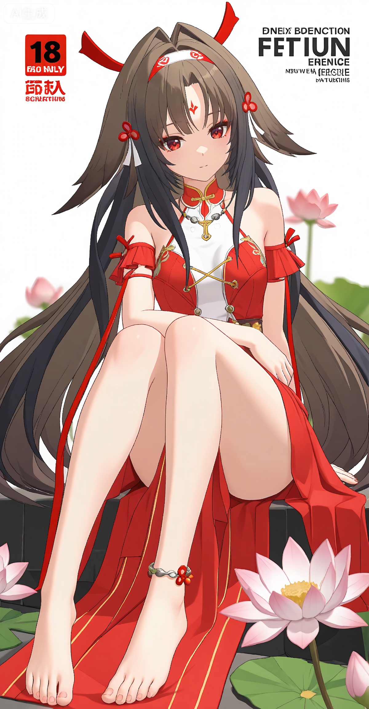 ,yeshunguang,long hair,brown hair,very long hair,black hair,red eyes,hairband,hair intakes, 
1girl,dress,long hair,red dress,barefoot,hair ornament,flower,white hair,jewelry,forehead mark,full body,anklet,facial mark,bare legs,sitting,necklace,solo,lotus,bare shoulders,3,

depth of field,masterpiece,best quality,very aesthetic,alternate costume,2024,2023,perfect composition,ultra-detailed,extreme aesthetic,masterpiece,best quality,good quality,newest,year 2024,year 2023,very aesthetic,absurdres,looking_at_viewer,colorful,wind,white_background,simple background,cover,english text,
