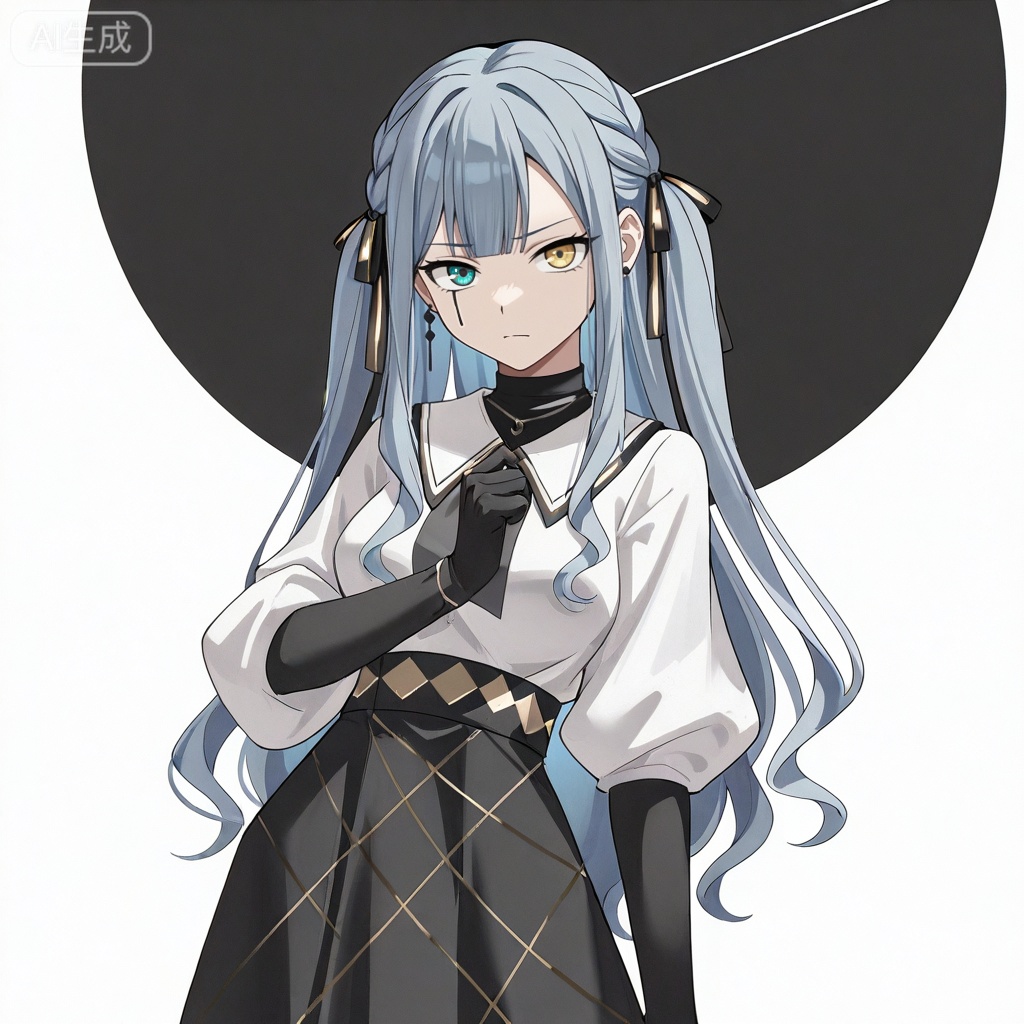 masterpiece, best quality,solo,white background,simple_background,togawa sakiko,cybersaki_style,bangs,ribbon,hair ribbon,black ribbon,two side up,braid,blue hair,grey hair,sidelocks,blunt bangs,heterochromia,yellow eyes,long hair,wavy hair,jewelry,white shirt,puffy sleeves,black skirt,high-waist skirt,black pantyhose,