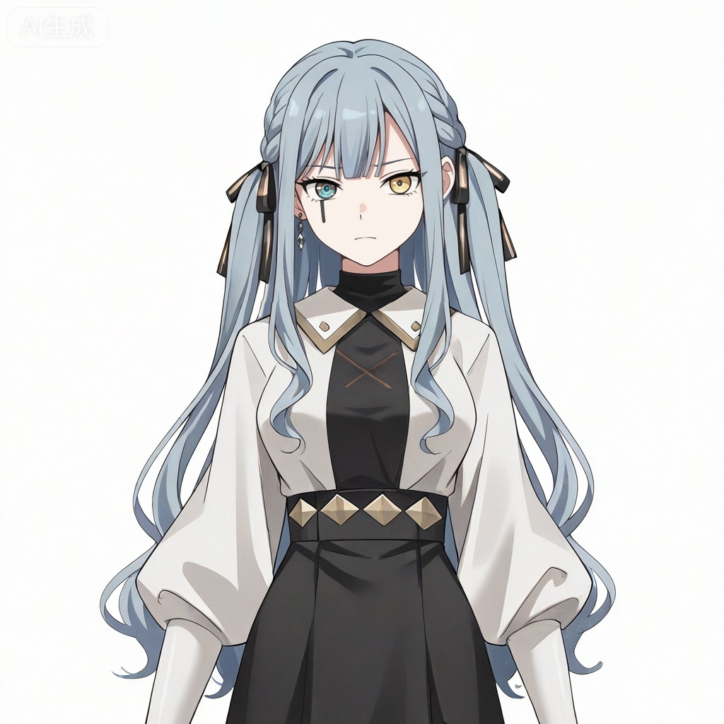 masterpiece, best quality,solo,white background,simple_background,togawa sakiko,cybersaki_style,bangs,ribbon,hair ribbon,black ribbon,two side up,braid,blue hair,grey hair,sidelocks,blunt bangs,heterochromia,yellow eyes,long hair,wavy hair,jewelry,white shirt,puffy sleeves,black skirt,high-waist skirt,black pantyhose,