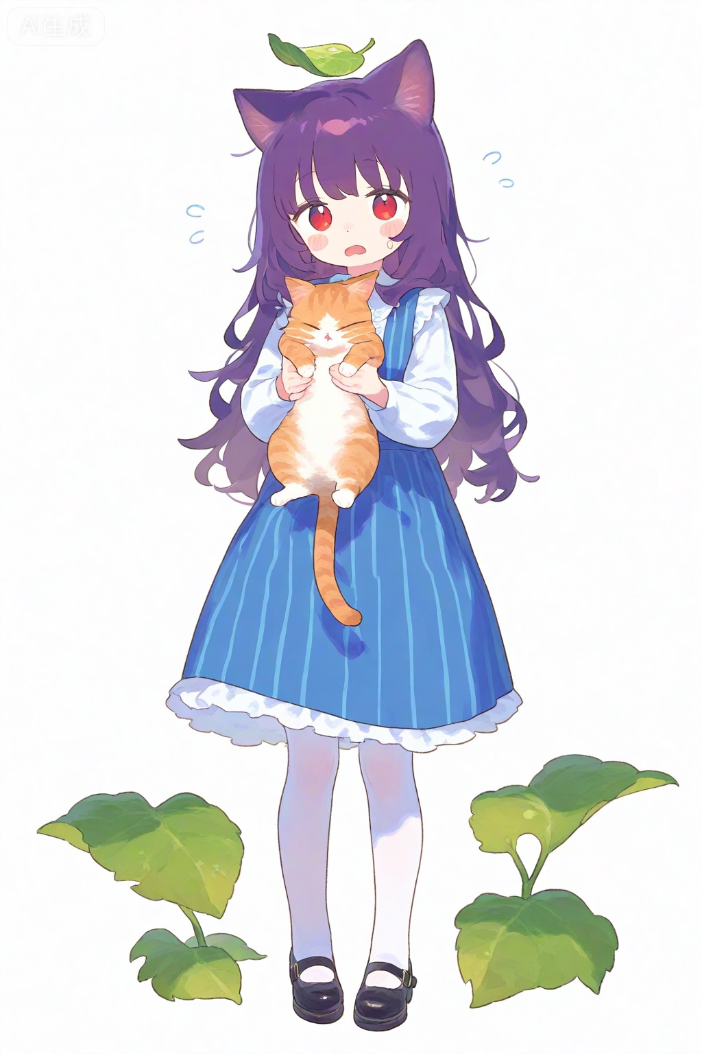 1girl, animal, animal ears, black shoes, blue dress, blush stickers, cat, cat ears, cat girl, dot nose, dress, flying sweatdrops, frilled dress, frills, full body, holding, holding animal, leaf, long hair, long sleeves, looking at viewer, open mouth, pantyhose, pinafore dress, purple hair, red eyes, shirt, shoes, simple background, sleeveless, sleeveless dress, solo, standing, striped clothes, striped dress, sweatdrop, vertical-striped clothes, vertical-striped dress, white background, white pantyhose, white shirt