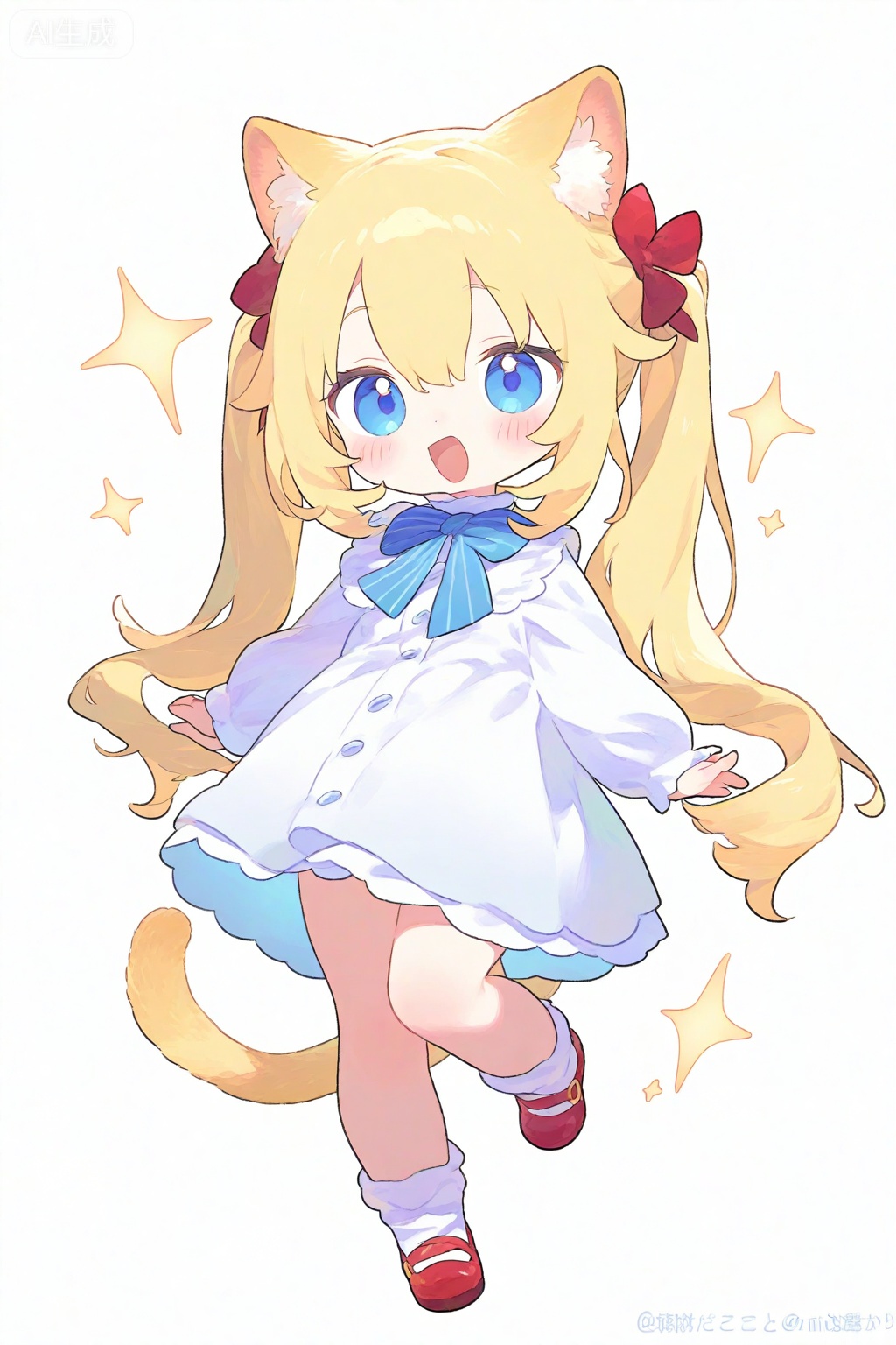 1girl, :d, animal ear fluff, animal ears, blonde hair, blue bow, blue bowtie, blue eyes, blush, bow, bowtie, cat ears, cat girl, cat tail, chibi, chibi only, double-parted bangs, dress, full body, hair between eyes, hair bow, long hair, long sleeves, open mouth, red shoes, shoes, simple background, smile, socks, solo, sparkle, standing, standing on one leg, tail, twintails, twitter username, watermark, white background, white dress, white socks