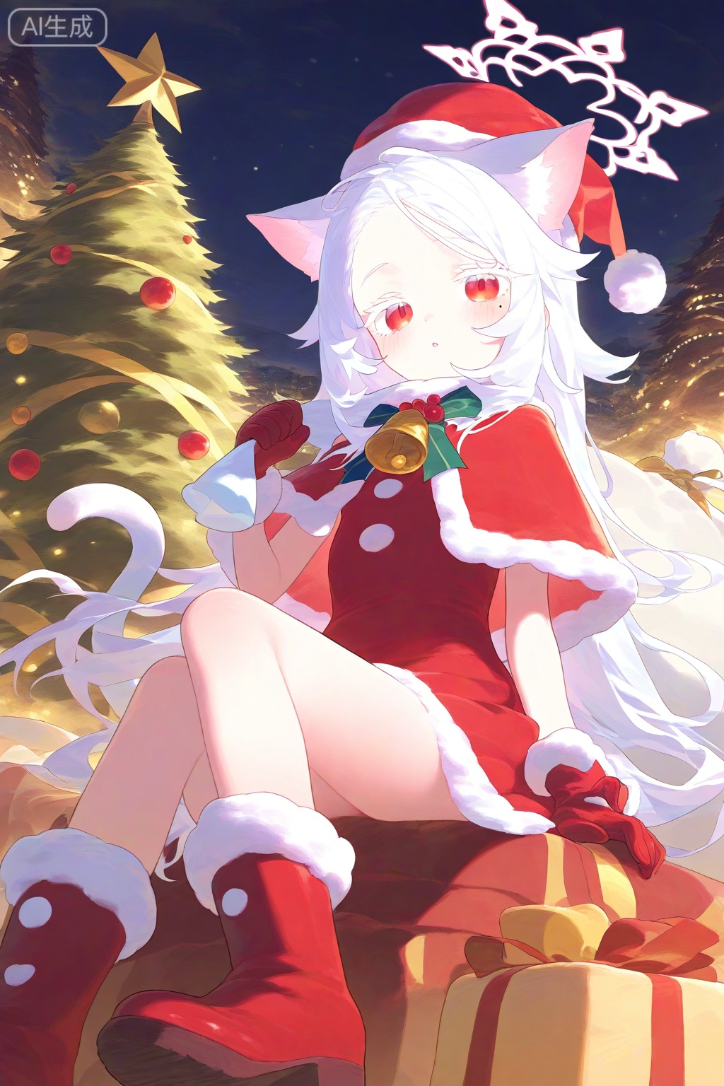1girl, alternate costume, animal ear fluff, animal ears, bell, boots, capelet, cat ears, cat girl, cat tail, christmas, christmas tree, colored eyelashes, dress, gloves, halo, hat, long hair, mole, mole under eye, neck bell, pink halo, red boots, red capelet, red dress, red eyes, red gloves, red hat, sack, santa costume, santa dress, santa hat, sitting, solo, tail, white eyelashes, white hair