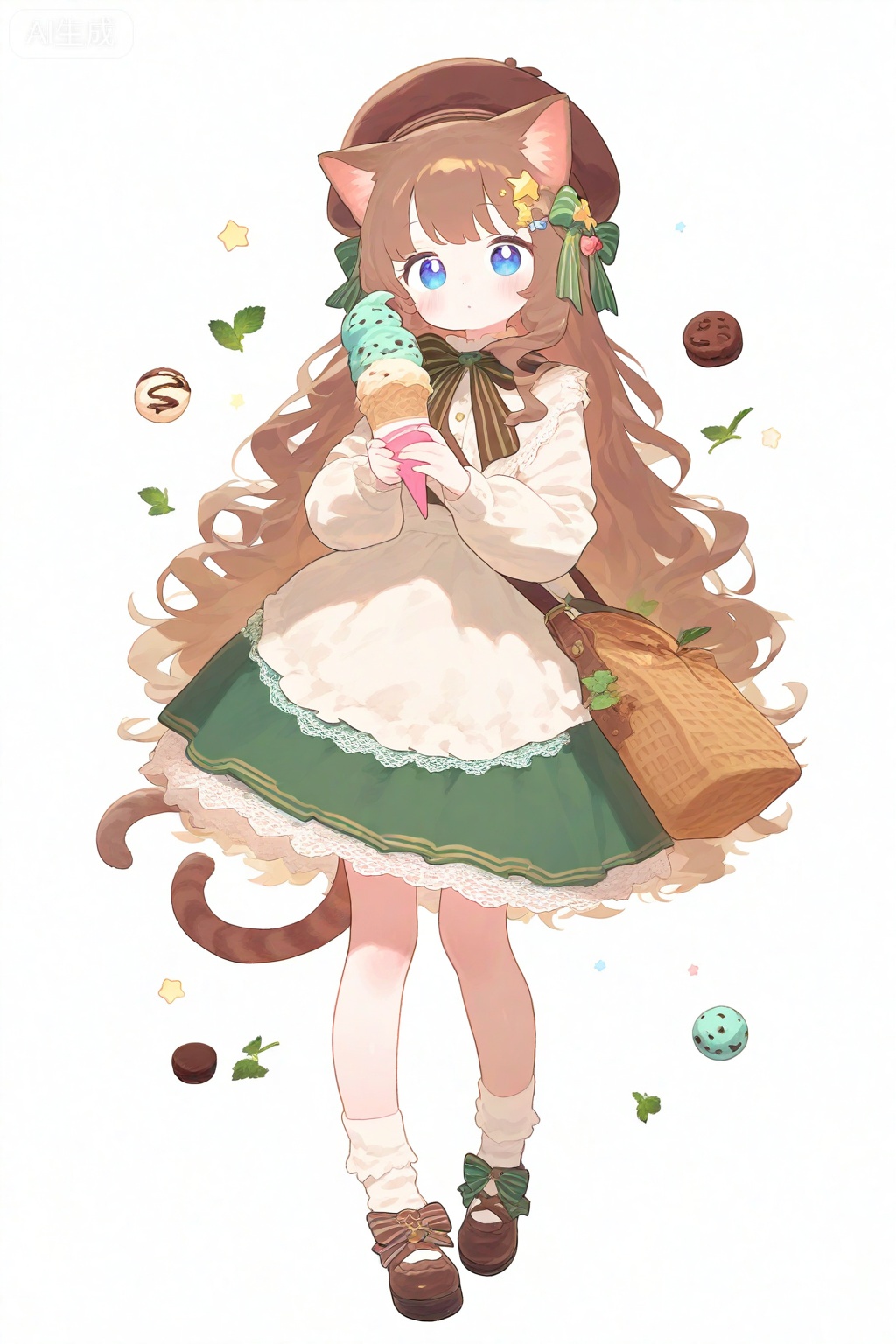 1girl, accurate lolita coord, animal ears, apron, beret, blue eyes, bow, brown bow, brown hair, brown hat, brown shoes, cat ears, cat girl, cat tail, choco girl, fashion, food, full body, green bow, green skirt, hair bow, hair ornament, hat, holding, holding food, holding ice cream, holding ice cream cone, ice cream, ice cream cone, lace-trimmed skirt, lace trim, leaf, lolita fashion, long hair, looking at viewer, mint chocolate, shirt, shoes, simple background, skirt, socks, solo, star \(symbol\), star hair ornament, striped bow, sweet lolita, tail, very long hair, wavy hair, white apron, white background, white shirt, white socks