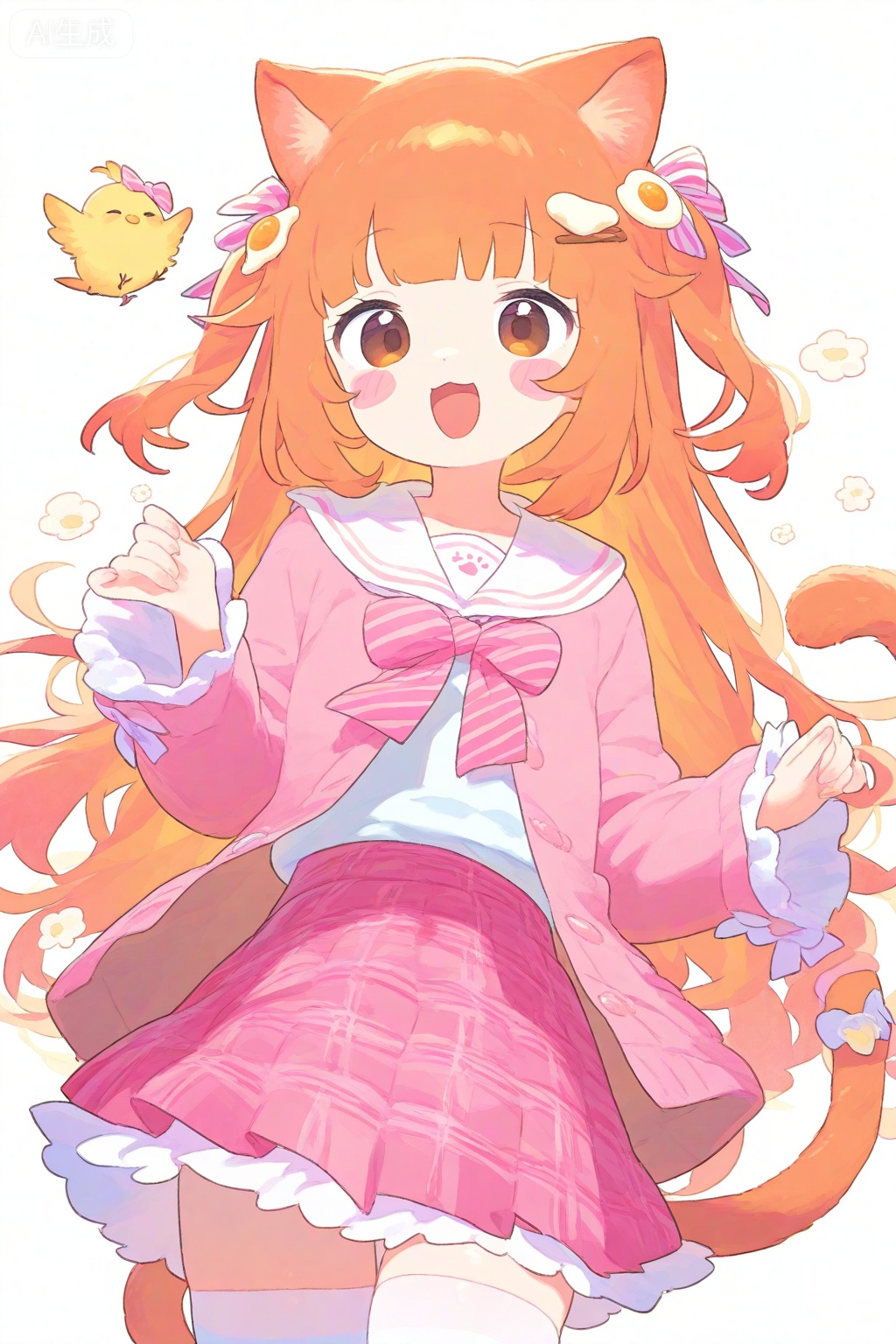 1girl, :d, animal ears, bird, blunt bangs, blush stickers, bow, bowtie, brown eyes, cat ears, cat girl, cat tail, cowboy shot, egg hair ornament, food-themed hair ornament, frilled skirt, frilled sleeves, frills, hair bow, hair ornament, jacket, kemonomimi mode, long hair, long sleeves, looking at viewer, open clothes, open jacket, open mouth, orange hair, pink bow, pink bowtie, pink jacket, pink skirt, plaid clothes, plaid skirt, pleated skirt, sailor collar, shirt, simple background, skirt, smile, solo, striped bow, striped bowtie, striped clothes, tail, thighhighs, two side up, virtual youtuber, white background, white bow, white sailor collar, white shirt, white thighhighs, zettai ryouiki