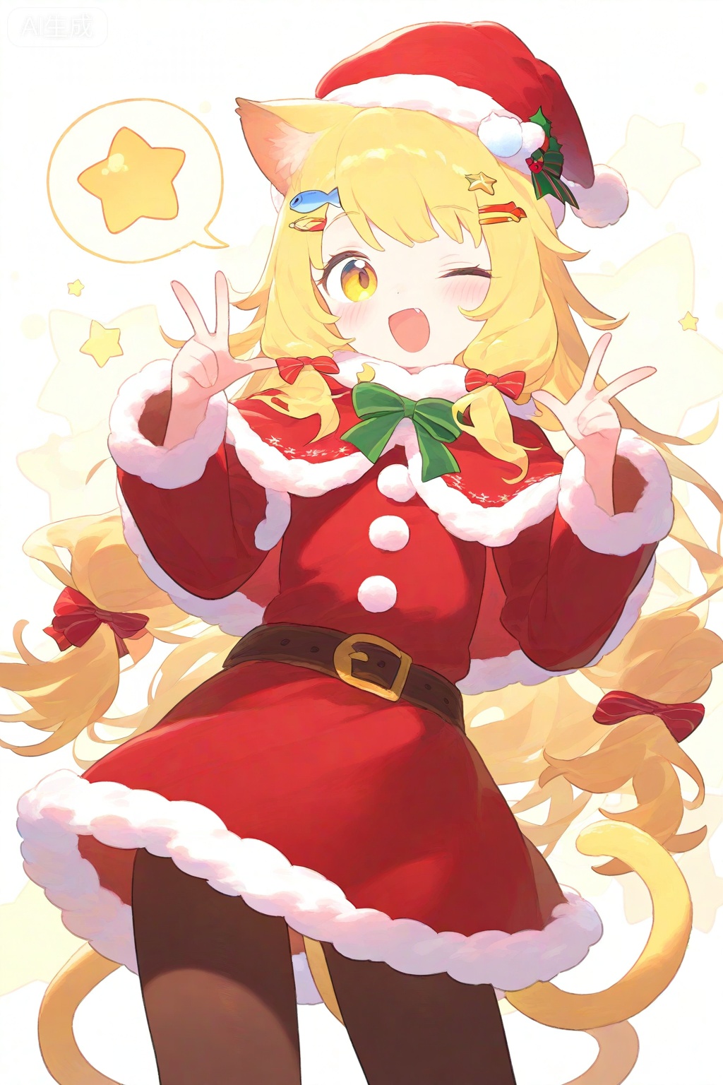 1girl, :d, animal ear fluff, animal ears, belt, blonde hair, bow, brown belt, brown pantyhose, capelet, cat ears, cat girl, cat tail, christmas, double w, dress, fish hair ornament, fur-trimmed capelet, fur-trimmed dress, fur-trimmed headwear, fur trim, green bow, hair bow, hair ornament, hair tubes, hairclip, hat, long hair, long sleeves, looking at viewer, low-tied sidelocks, one eye closed, open mouth, pantyhose, parallel hairclips, pom pom hat ornament, red bow, red capelet, red dress, red hat, santa costume, santa hat, short dress, sidelocks, smile, solo, speech bubble, star \(symbol\), tail, w, yellow eyes