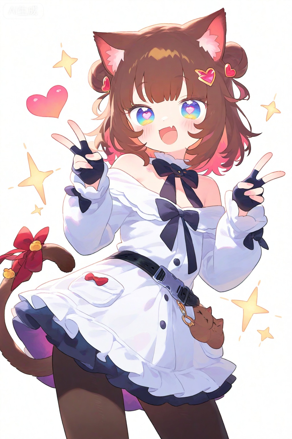 1girl, :d, animal ear fluff, animal ears, belt, black belt, black bow, black bowtie, black gloves, black pantyhose, blue eyes, blush, bow, bowtie, brown hair, buckle, cat ears, cat girl, cat tail, contrapposto, cowboy shot, double bun, double v, dress, dress bow, fang, fingerless gloves, gloves, gradient eyes, hair bun, hair ornament, heart, heart hair ornament, heart in eye, hunched over, layered dress, long sleeves, multicolored eyes, off-shoulder dress, off shoulder, pantyhose, pocket, red bow, skin fang, sleeve bow, smile, snap-fit buckle, sparkle, star \(symbol\), symbol in eye, tail, tail bow, tail ornament, v, very low bun, virtual youtuber, white background, white dress, zipper dress