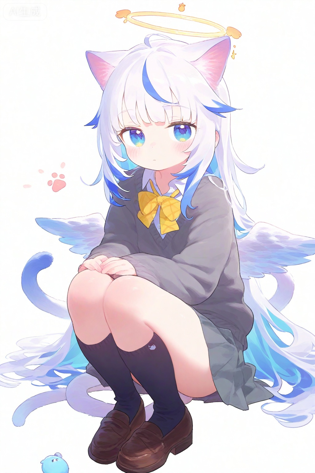 1girl, animal ears, bow, cat ears, cat girl, cat tail, closed mouth, grey skirt, grey sweater, halo, kneehighs, long hair, long sleeves, multicolored hair, pleated skirt, ribbon, school uniform, shirt, shoes, skirt, socks, solo, sweater, tail, traditional halo, white background, white hair, wings, yellow bow