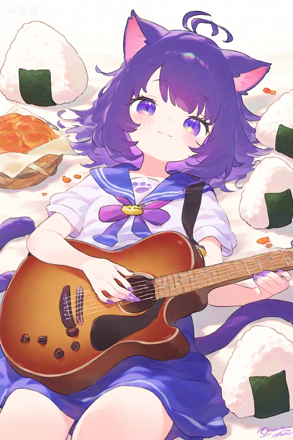 1girl, ahoge, animal ears, cat ears, cat girl, cat tail, food, guitar, holding, holding guitar, holding instrument, instrument, lying, on back, onigiri, purple eyes, purple hair, purple nails, sailor collar, signature, smile, tail, virtual youtuber