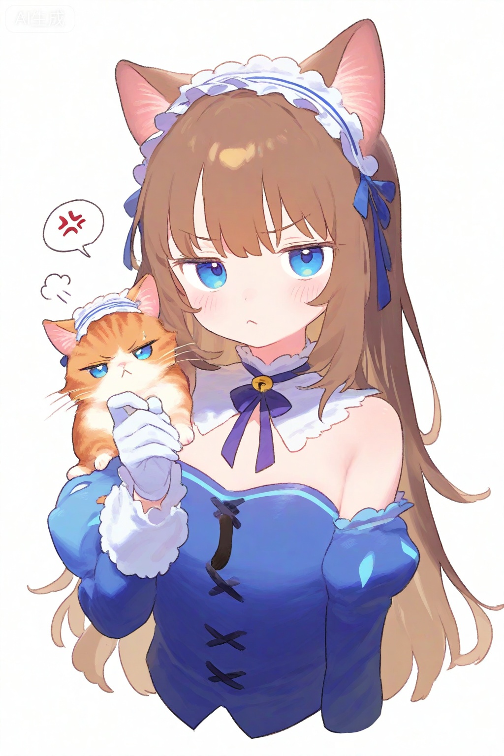 1girl, :<, anger vein, animal, animal ears, animalization, annoyed, bare shoulders, blue eyes, brown hair, cat, cat ears, cat girl, closed mouth, cropped torso, detached collar, detached sleeves, gloves, hand up, headdress, kemonomimi mode, long hair, long sleeves, looking at viewer, person and animalization, solo, upper body, white gloves, white headdress