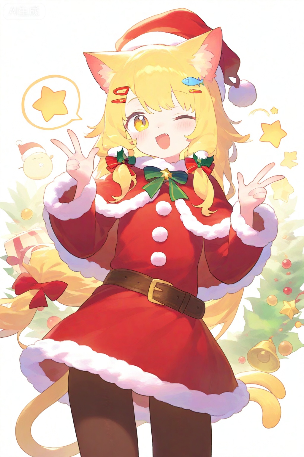 1girl, :d, animal ear fluff, animal ears, belt, blonde hair, bow, brown belt, brown pantyhose, capelet, cat ears, cat girl, cat tail, christmas, double w, dress, fish hair ornament, fur-trimmed capelet, fur-trimmed dress, fur-trimmed headwear, fur trim, green bow, hair bow, hair ornament, hair tubes, hairclip, hat, long hair, long sleeves, looking at viewer, low-tied sidelocks, one eye closed, open mouth, pantyhose, parallel hairclips, pom pom hat ornament, red bow, red capelet, red dress, red hat, santa costume, santa hat, short dress, sidelocks, smile, solo, speech bubble, star \(symbol\), tail, w, yellow eyes