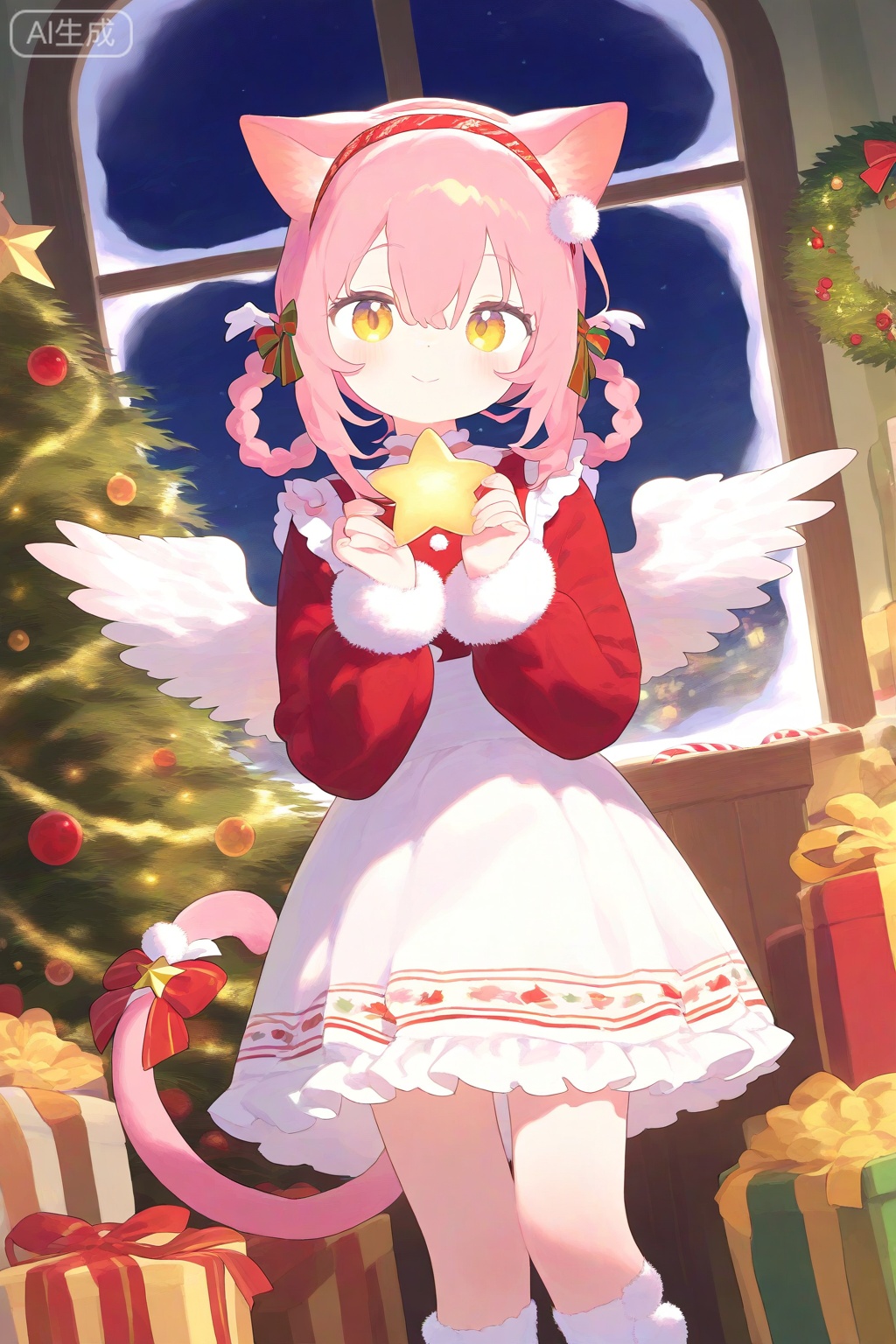 1girl, angel wings, animal ears, bow, bracelet, braid, braided hair rings, candy, candy cane, cat ears, cat girl, cat tail, christmas, detached sleeves, double-parted bangs, dutch angle, feet out of frame, floppy ears, food, frilled skirt, frills, fur-trimmed sleeves, fur trim, gift, green sleeves, hair between eyes, hair bow, hair rings, hairband, hands up, head tilt, holding, holding star, indoors, jewelry, layered sleeves, long sleeves, looking at viewer, official alternate costume, overall skirt, pink hair, pom pom \(clothes\), print hairband, red hairband, red shirt, scottish fold, shirt, skirt, sleeves past wrists, smile, socks, solo, standing, star \(symbol\), tail, tail bow, tail ornament, white skirt, white socks, window, wings, wreath, yellow eyes