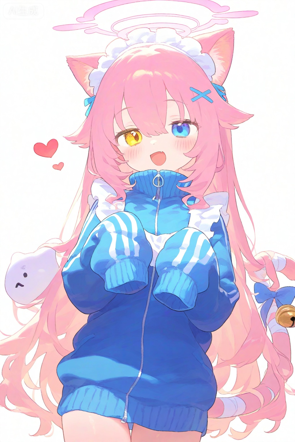 blue archive, hoshino \(blue archive\), 1girl, :d, animal ear fluff, animal ears, apron, bandaged tail, bell, blue bow, blue eyes, blue jacket, blush, bow, cat ears, cat girl, cat tail, cowboy shot, enmaided, hair between eyes, hair ornament, halo, hands up, heart, heart hair ornament, heterochromia, jacket, jersey maid, jingle bell, kemonomimi mode, long hair, long sleeves, looking at viewer, maid, maid headdress, no pants, open mouth, pink hair, pink halo, simple background, sleeves past fingers, sleeves past wrists, smile, solo, tail, tail bow, tail ornament, track jacket, unconventional maid, white apron, white background, x hair ornament, yellow eyes, zipper