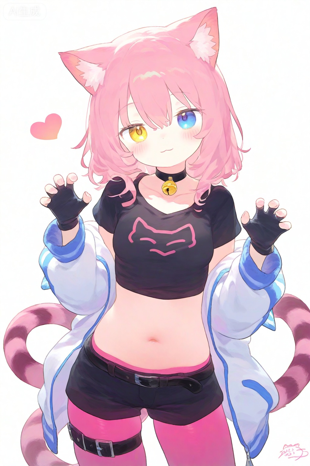 1girl, :3, animal ear fluff, animal ears, bell, belt, black choker, black gloves, black shirt, black shorts, blue eyes, blush, cat ears, cat girl, cat tail, choker, claw pose, closed mouth, collarbone, cowboy shot, crop top, fingerless gloves, gloves, hair between eyes, hands up, head tilt, heart, heterochromia, jacket, jacket partially removed, medium hair, midriff, multiple thigh straps, navel, neck bell, pantyhose, pink hair, pink pantyhose, shirt, shorts, signature, simple background, smile, solo, striped tail, tail, thigh belt, thigh strap, track jacket, white background, white jacket, yellow eyes