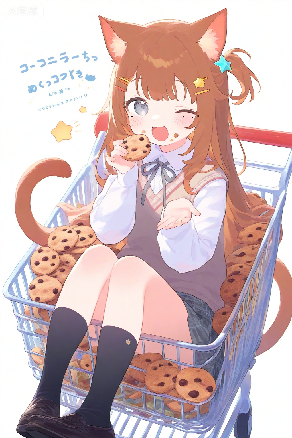 1girl, ;d, animal ear fluff, animal ears, black shoes, black socks, blush, brown hair, cat ears, cat girl, cat tail, chocolate chip cookie, collared shirt, cookie, cover, cover page, dress shirt, food, food on face, grey eyes, grey ribbon, grey skirt, hair ornament, hairclip, holding, holding food, in shopping cart, loafers, long hair, long sleeves, looking at viewer, mole, mole under eye, neck ribbon, one eye closed, one side up, plaid clothes, plaid skirt, pleated skirt, puffy long sleeves, puffy sleeves, ribbon, shirt, shoes, shopping cart, skirt, sleeves past wrists, smile, socks, solo, star \(symbol\), star hair ornament, sweater vest, tail, very long hair, white shirt