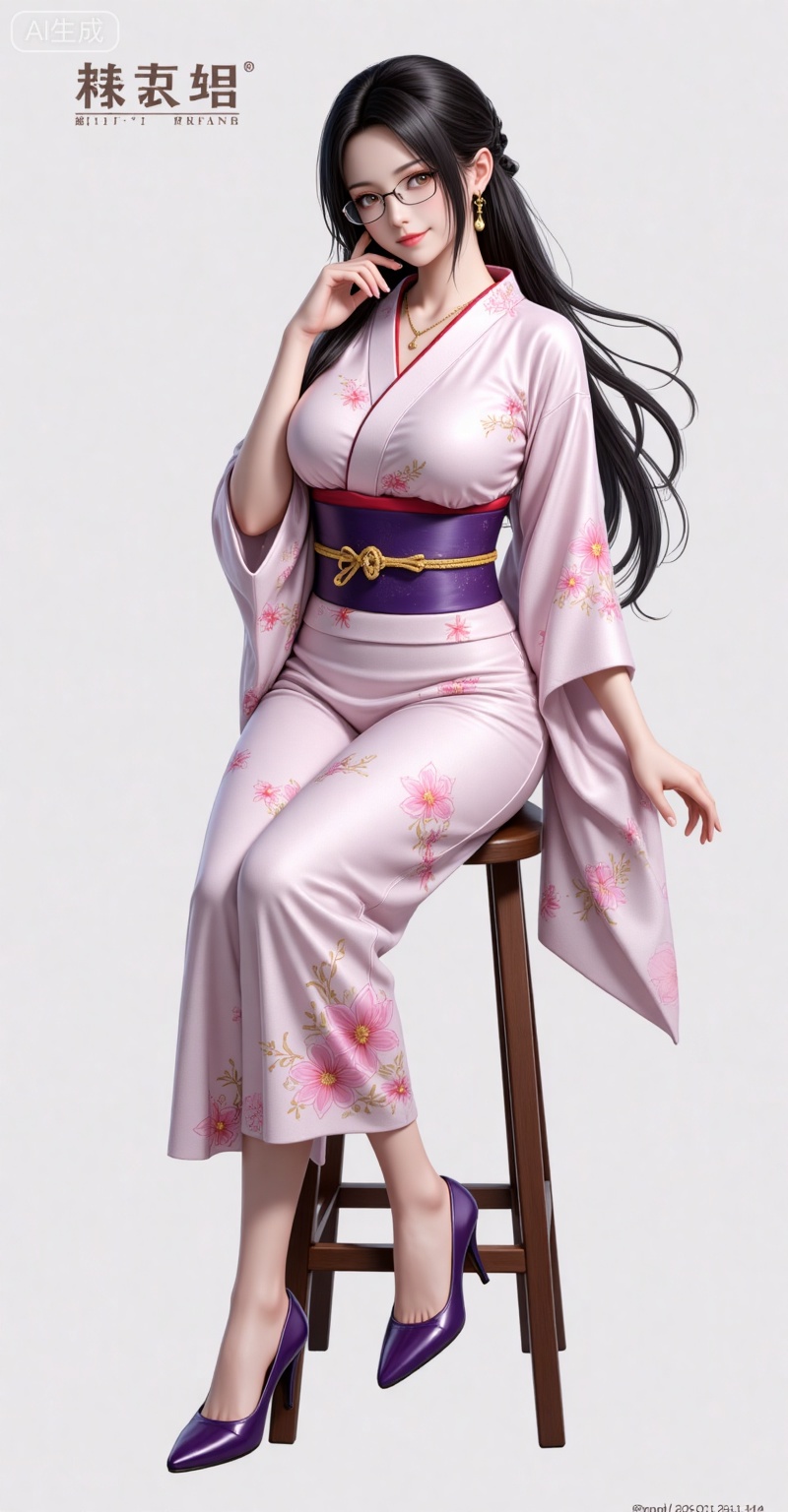 dasiqi,long hair,braid,earrings,glasses,brown eyes,large breasts,black hair,necklace,
1girl,solo,high heels,sitting,kimono,japanese clothes,crossed legs,sash,purple sash,full body,smile,looking at viewer,hand on own face,floral print,obi,stool,head rest,copyright name,simple background,legs,purple footwear,cover,jewelry,floating hair,


lvjing,lvjing,baoshi